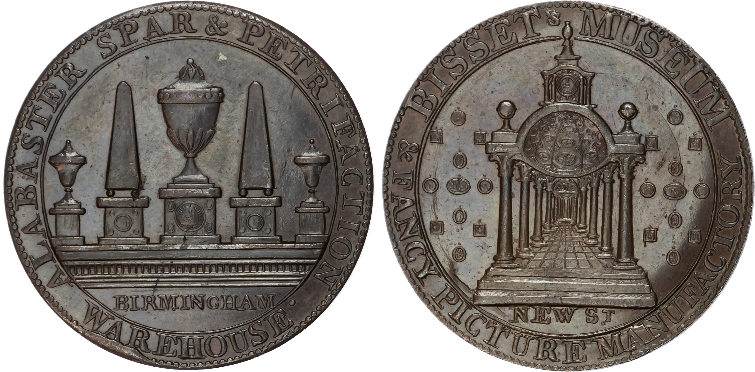 Warks . Birmingham , James Bisset (proprietor of museum and marble warehouse) Halfpenny undated, view through …