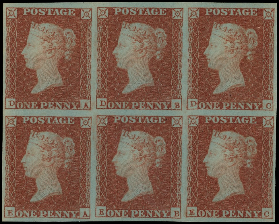 Great Britain 1841 1d Red brown four margin horizontal block of six....