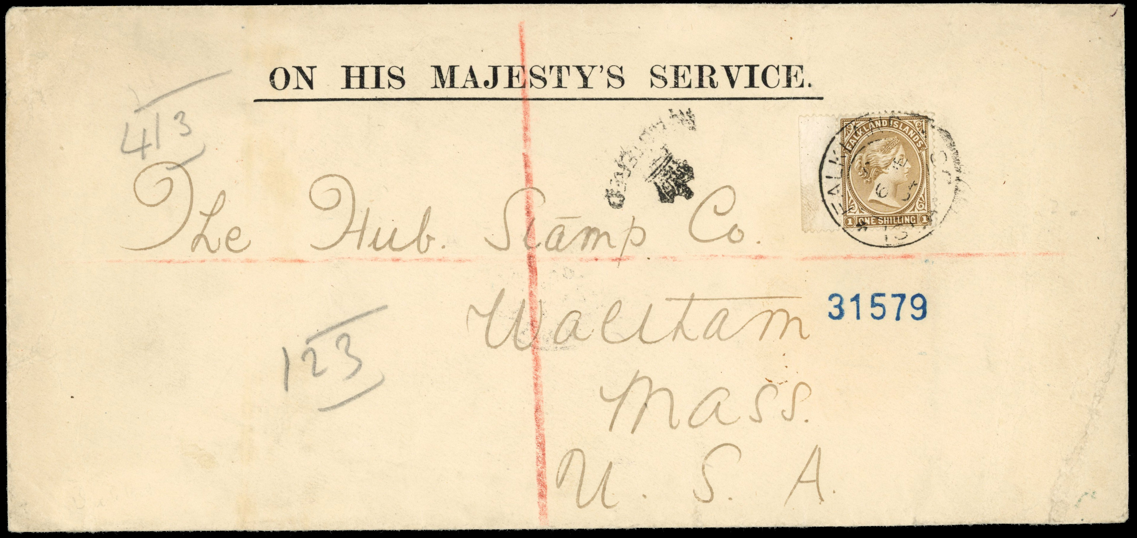 Falkland Islands 1905 OHMS cover to Massachusetts
