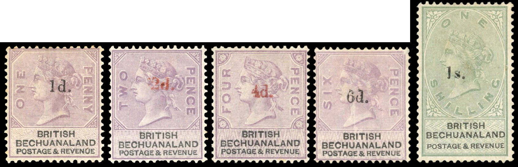 Bechuanaland SG 22-28 1888 surcharge set of 5 mint