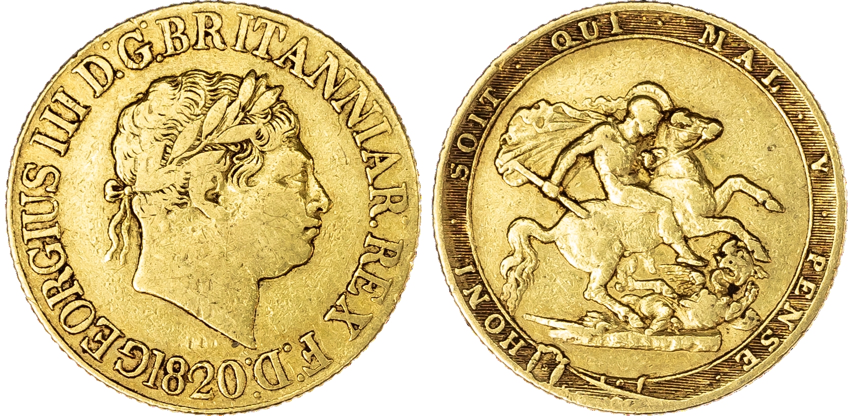 George III (1760‑1820), Sovereign, 1820, open 2, first laureate head right, date below, legend surrounds from the lower left