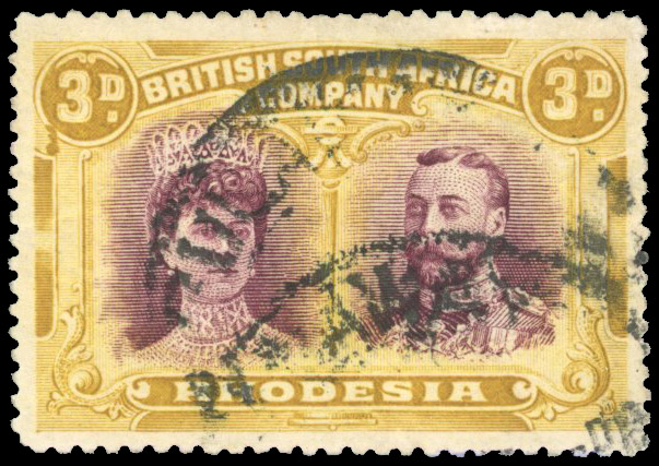 Rhodesia 1910-13 3d deep red-purple and golden ochre perf 14x15 used