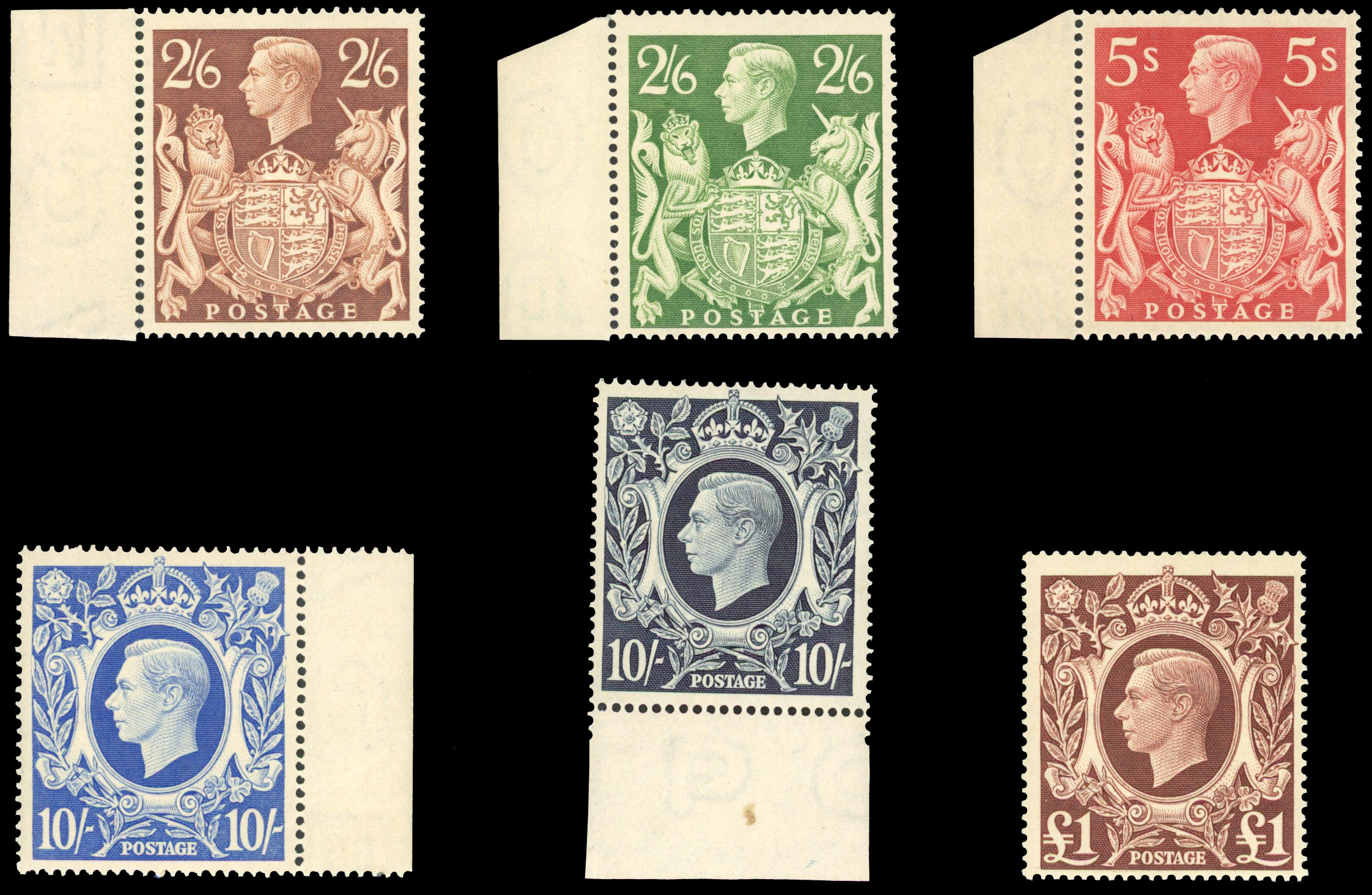 GB: 1939 2s6d to £1 square set of 6, the 5s hinged in margin only. unmounted o.g. SG 476/478c