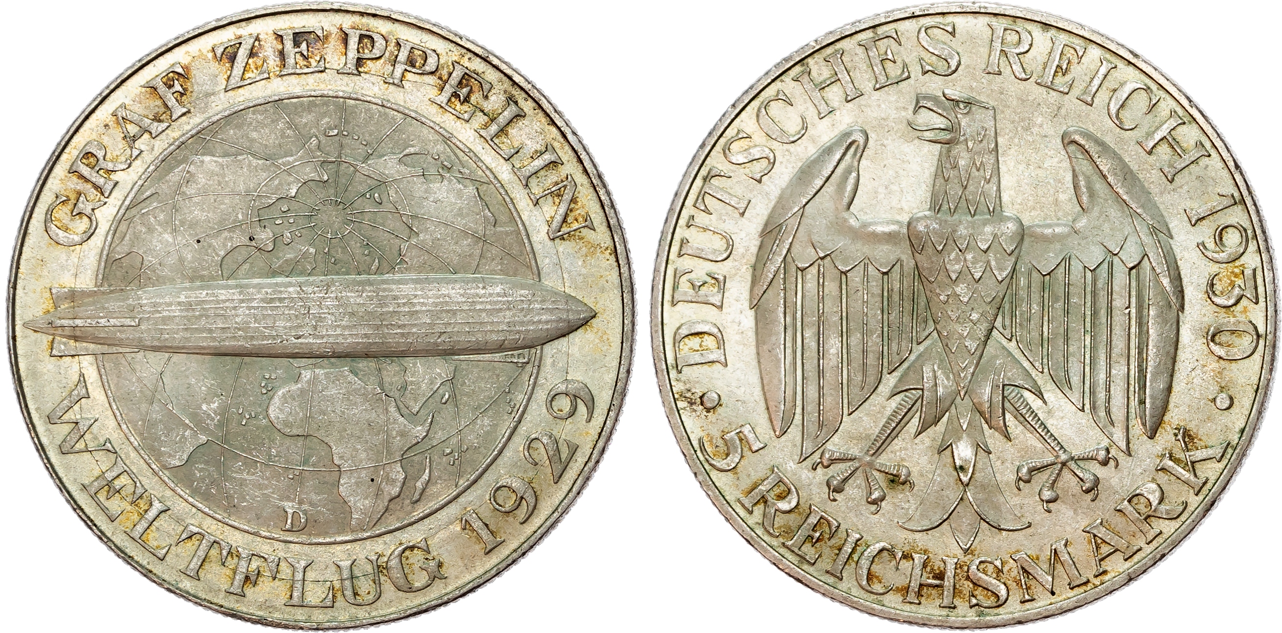 Germany, Weimar Republic (1913-1933), World Flight of the Graf Zeppelin, silver 5 Reichsmark.