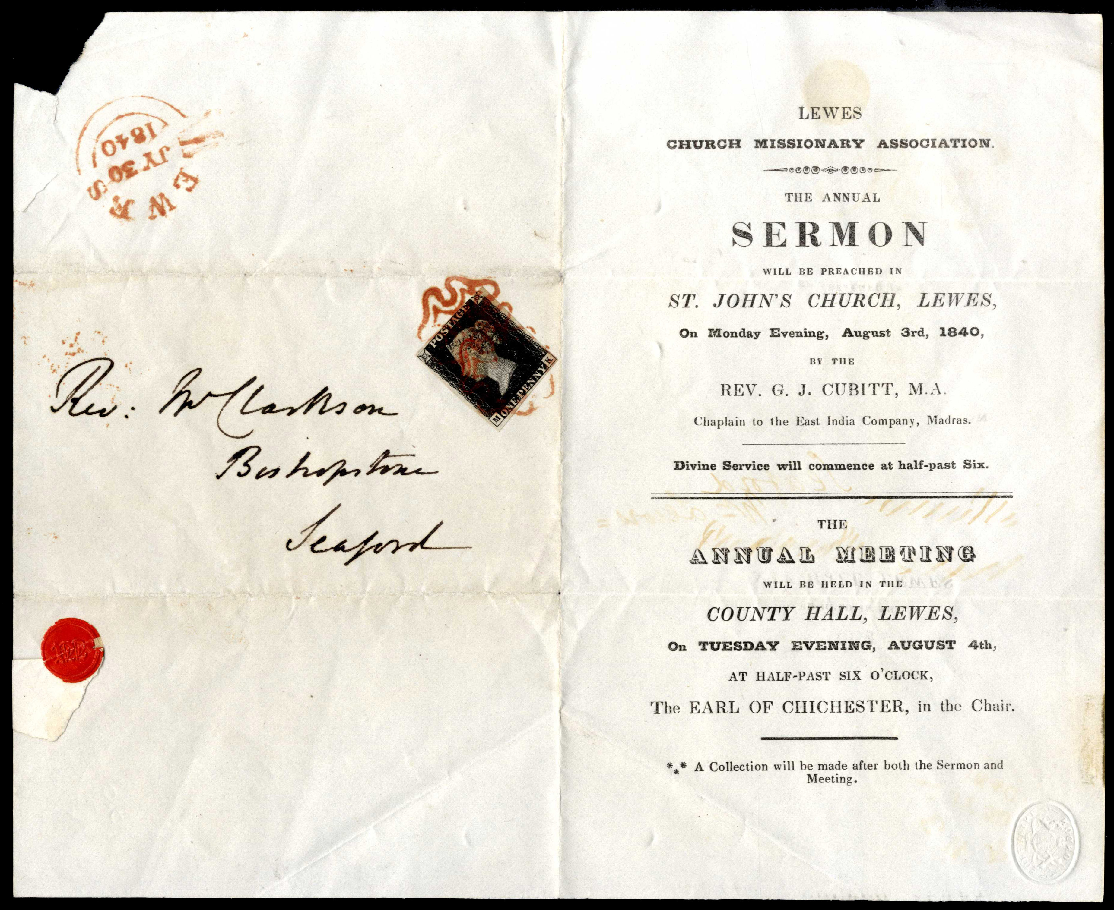 1840 1d black Plate 5. Pre-printed entire sent from Lewes to Bishopstone, Seaford