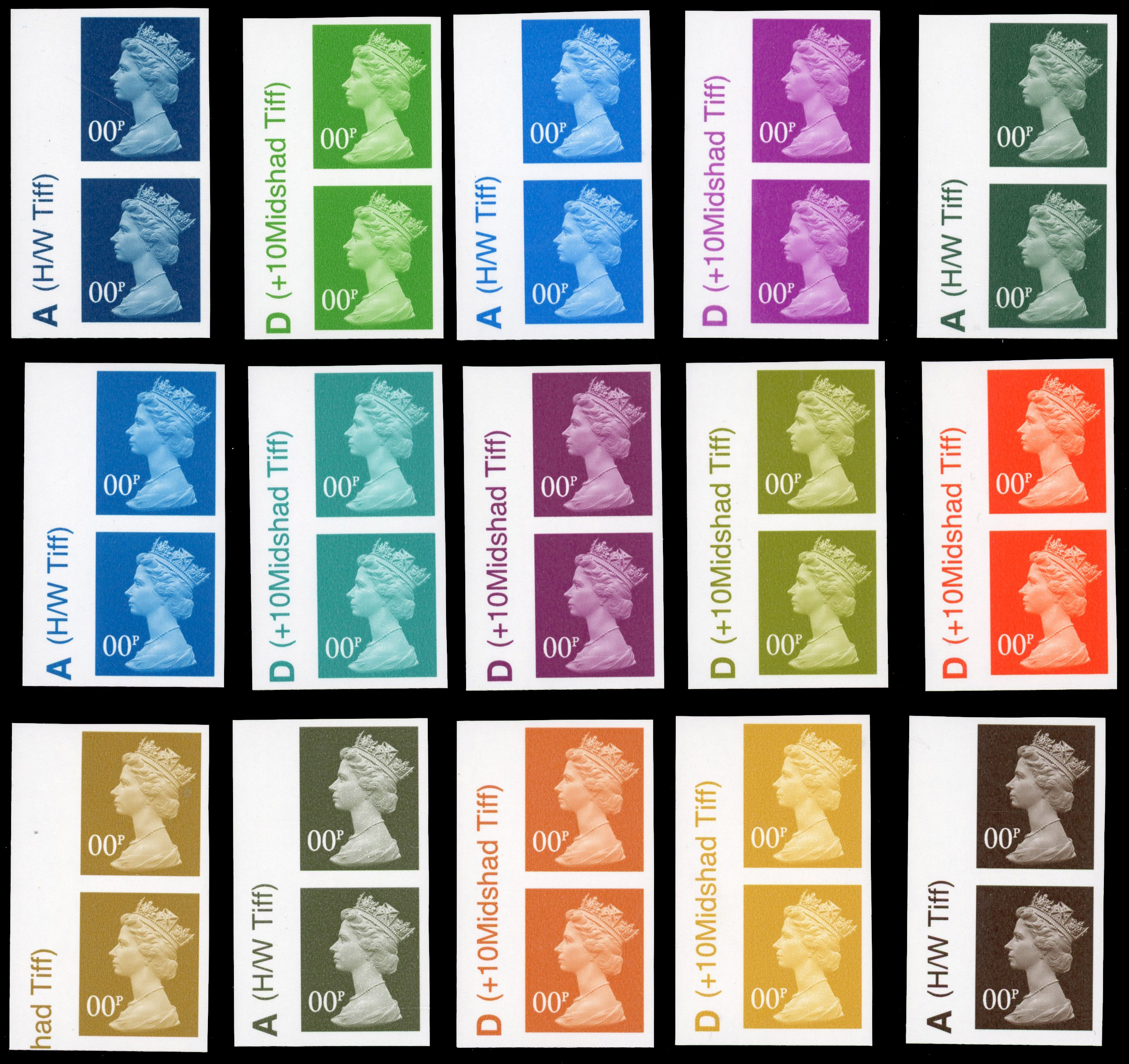 GB SG 1664-Y1726 2003 Machin '00p' colour trial pairs