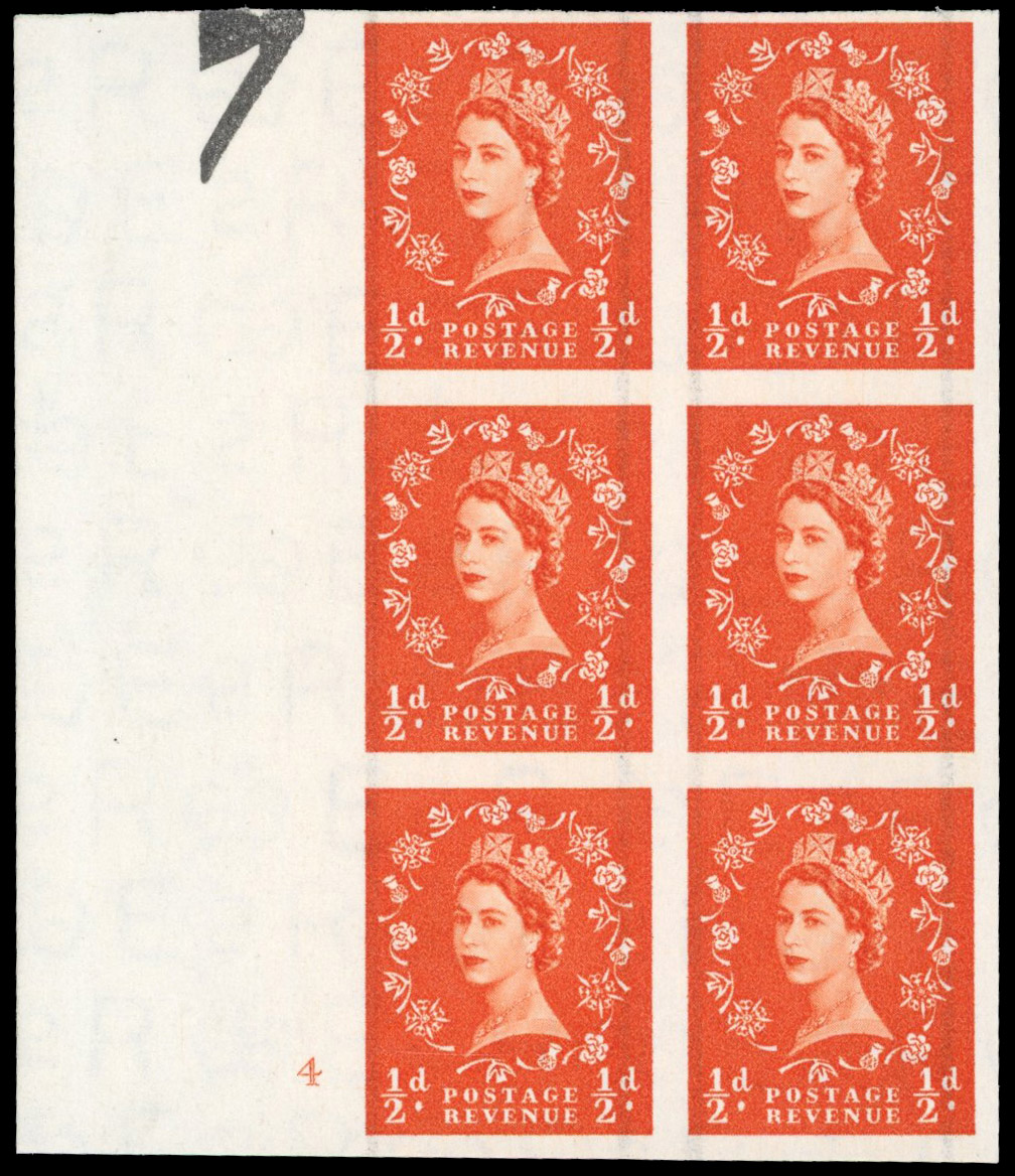 Great Britain 1957 ½d Orange-red "Wildings", Cylinder Block of Six, BPMA Imprimatur, SG 561