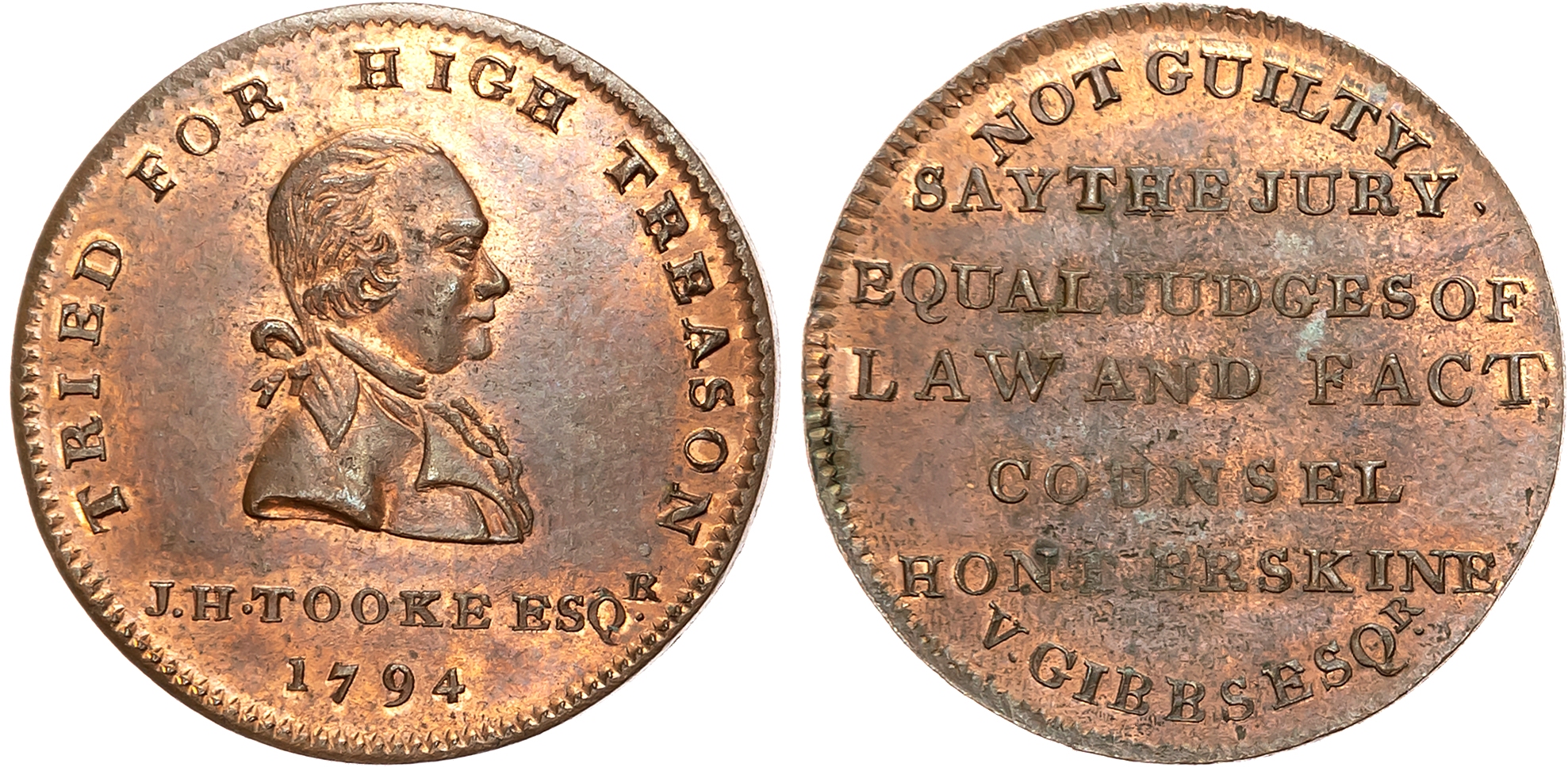 London,  Political Series , John Horne-Tooke Halfpenny 1794, Draped bust right, rev. 5-line legend re. his Acquittal of  …