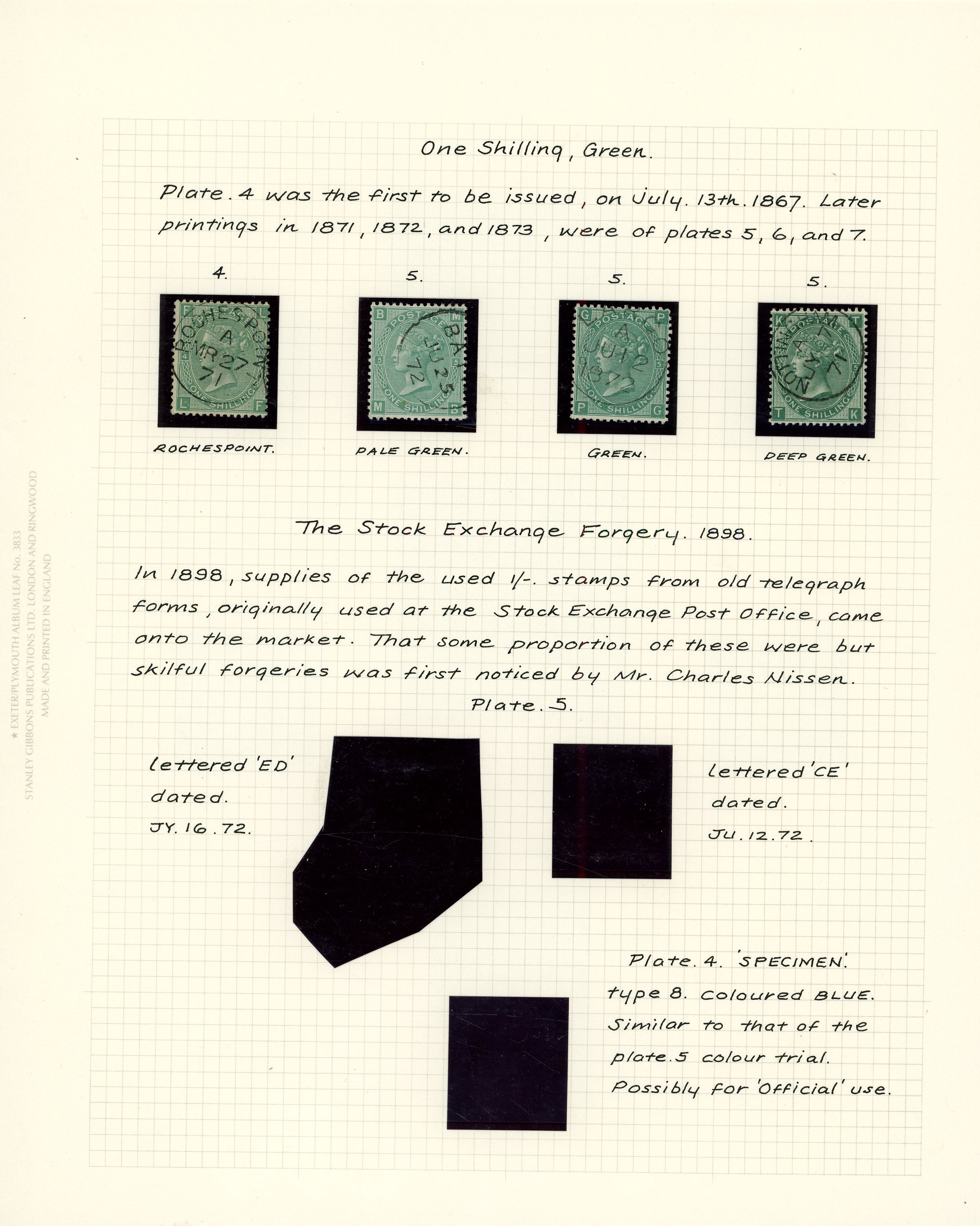1867-73 1s green (shades) Pl’s. 4-7.