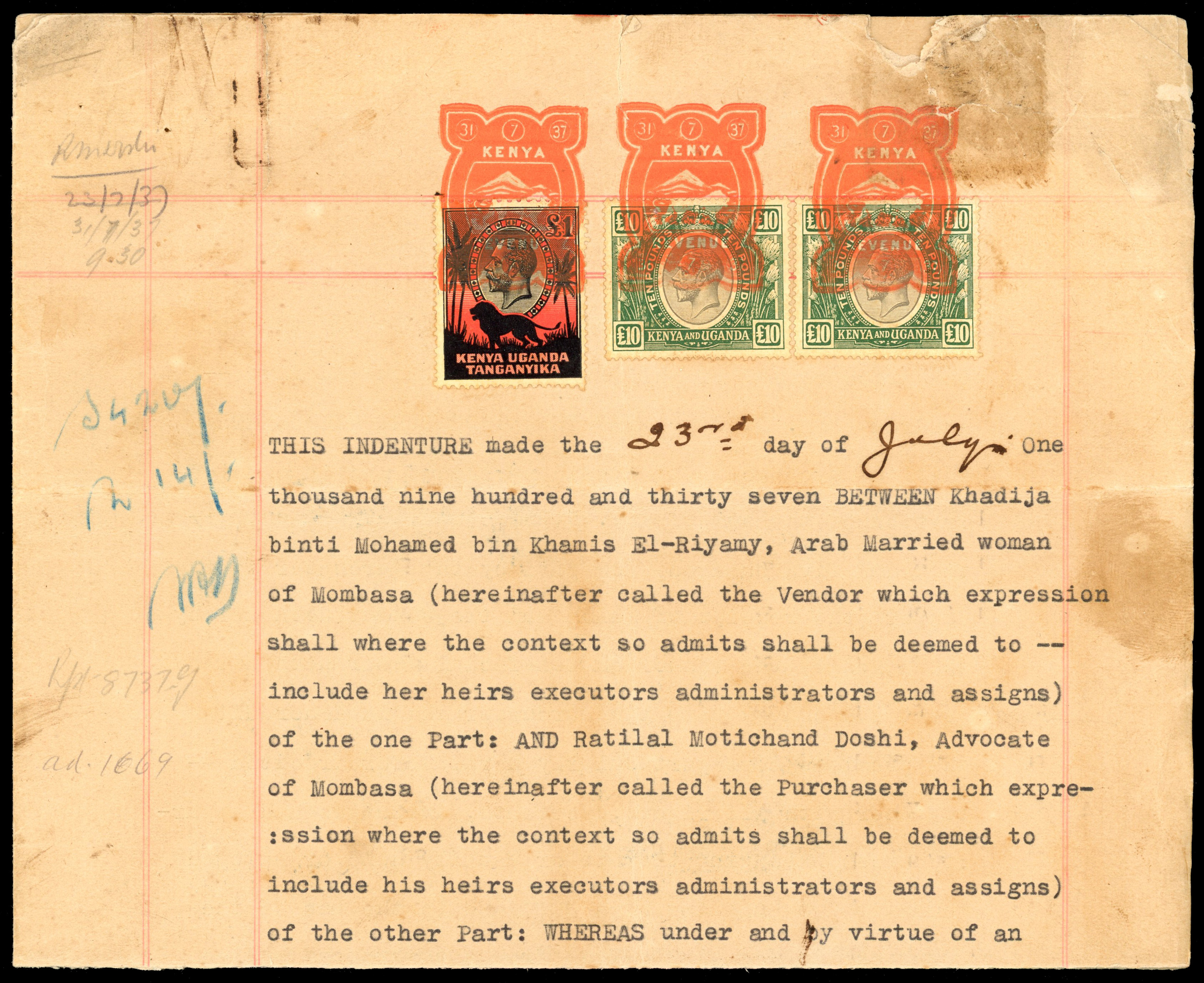 KUT SG 100 1937 indenture with 1922 £10 x 2