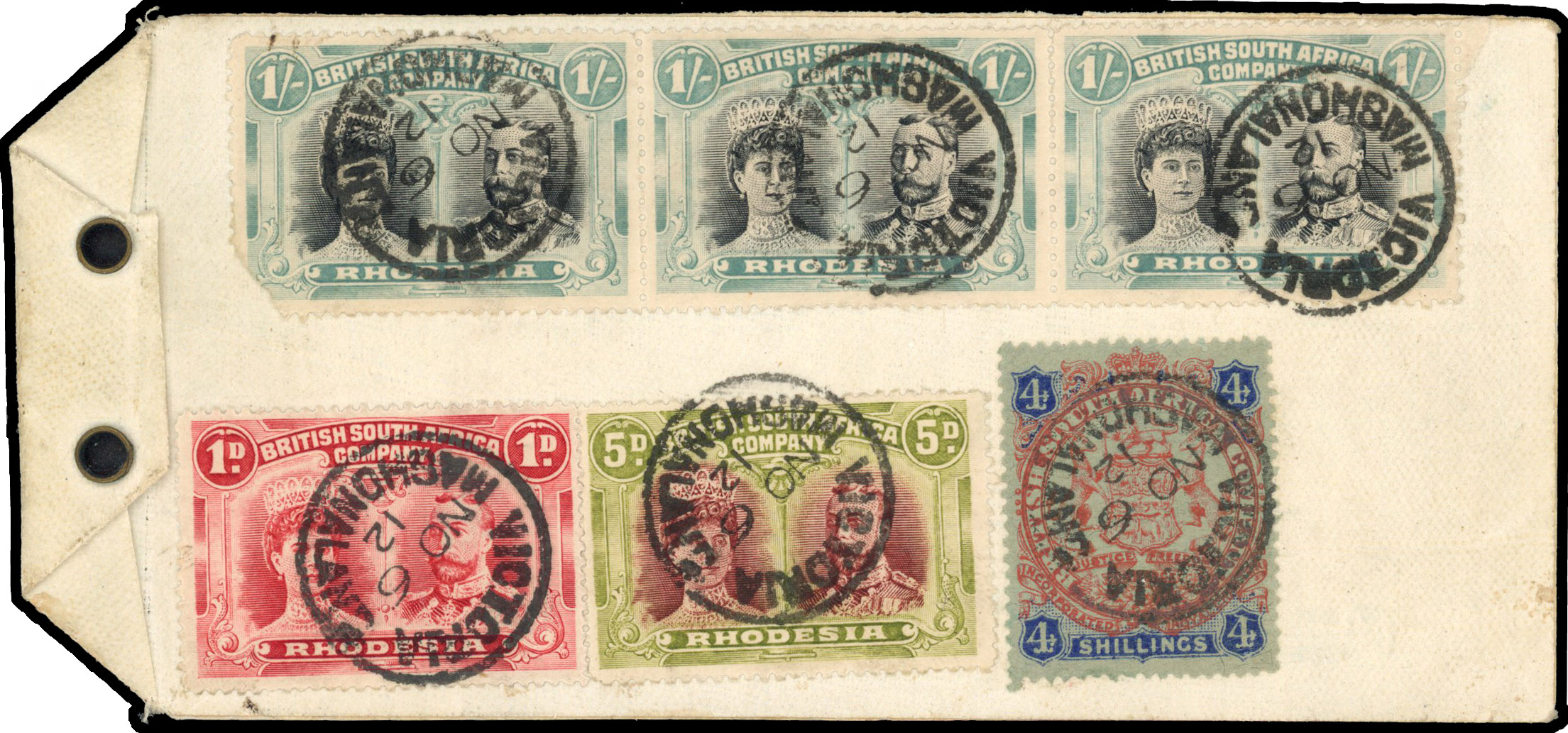 SG 143a 5d lake-brown and green used on parcel tag