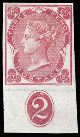 Great Britain 1862 3d Bright carmine-rose Pl.2. Very fine unused o.g. bottom marginal imperforate imprimatur lette…