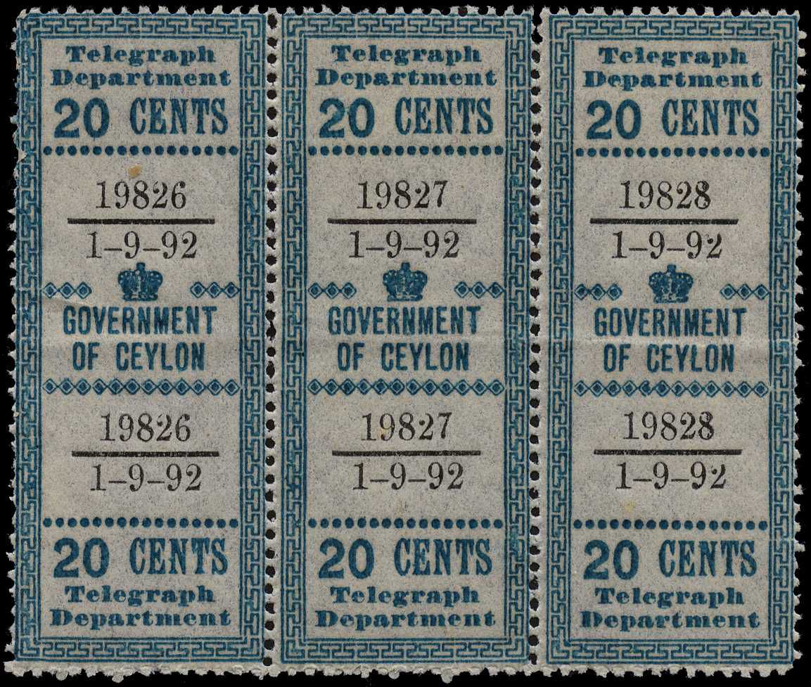 1892 20ct green o.g. strip of three, date...
