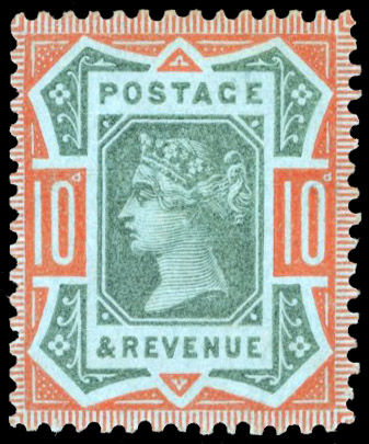 GB 1887-92 10d colour trial in green and orange on blue paper, For SG 210