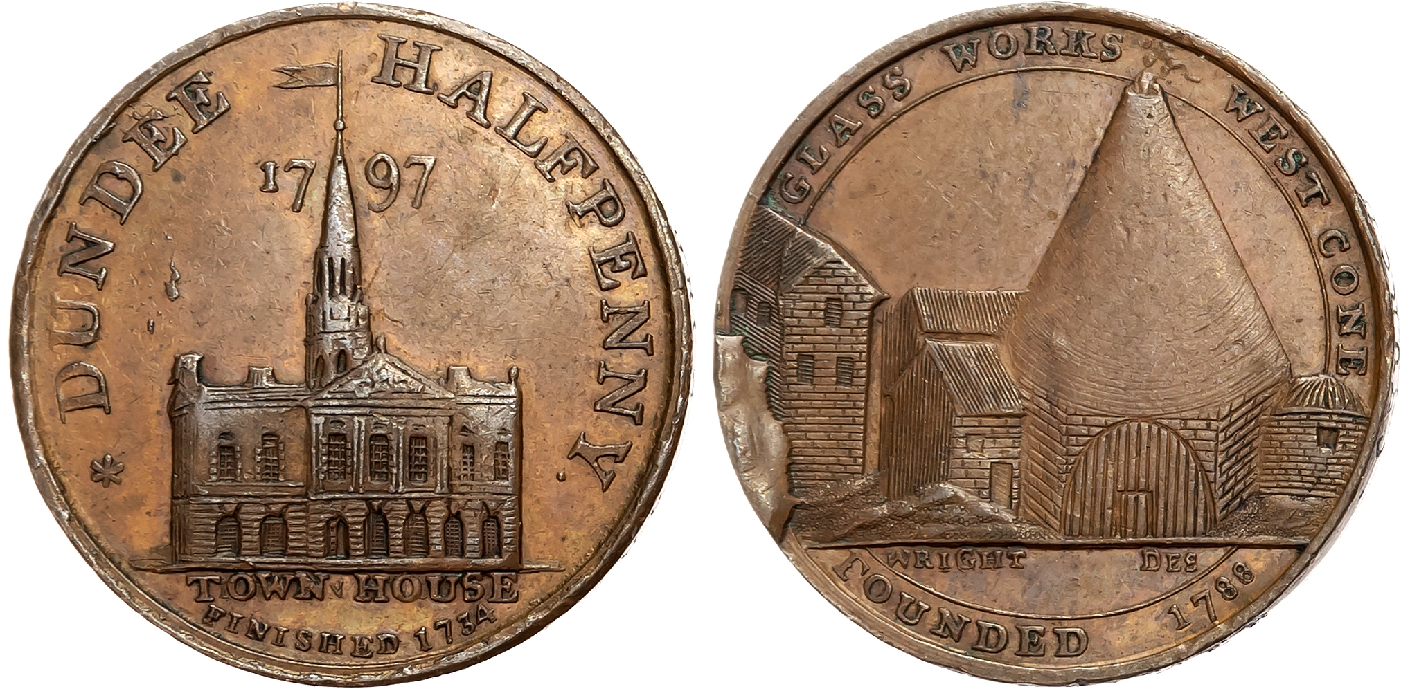 Angus . Dundee , John Pilmer (grocer), Wright’s Halfpenny 1797, Glassworks and cone, rev, Facade of town hall, edge PAYA …