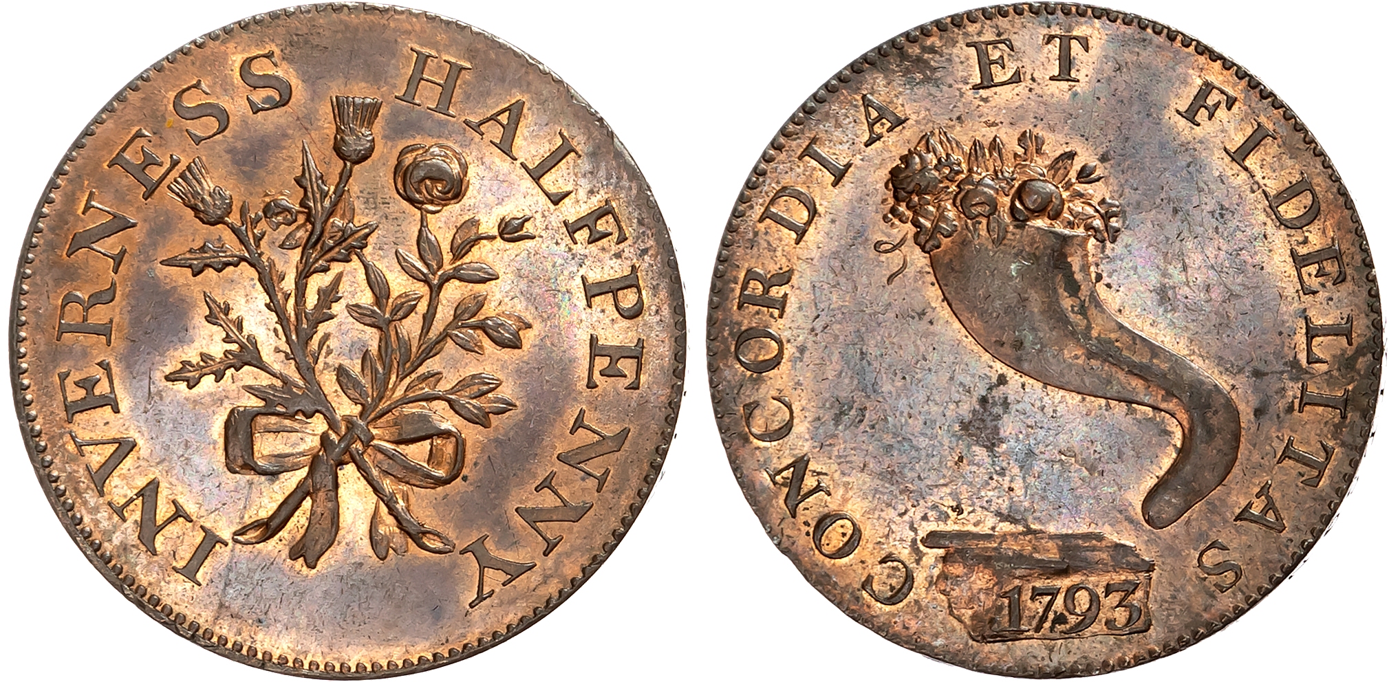 Inver.  Inverness, Mackintosh, Inglis & Wilson (sailcloth and sacking manufacturers) Halfpenny 1793, Cornucopia over the …