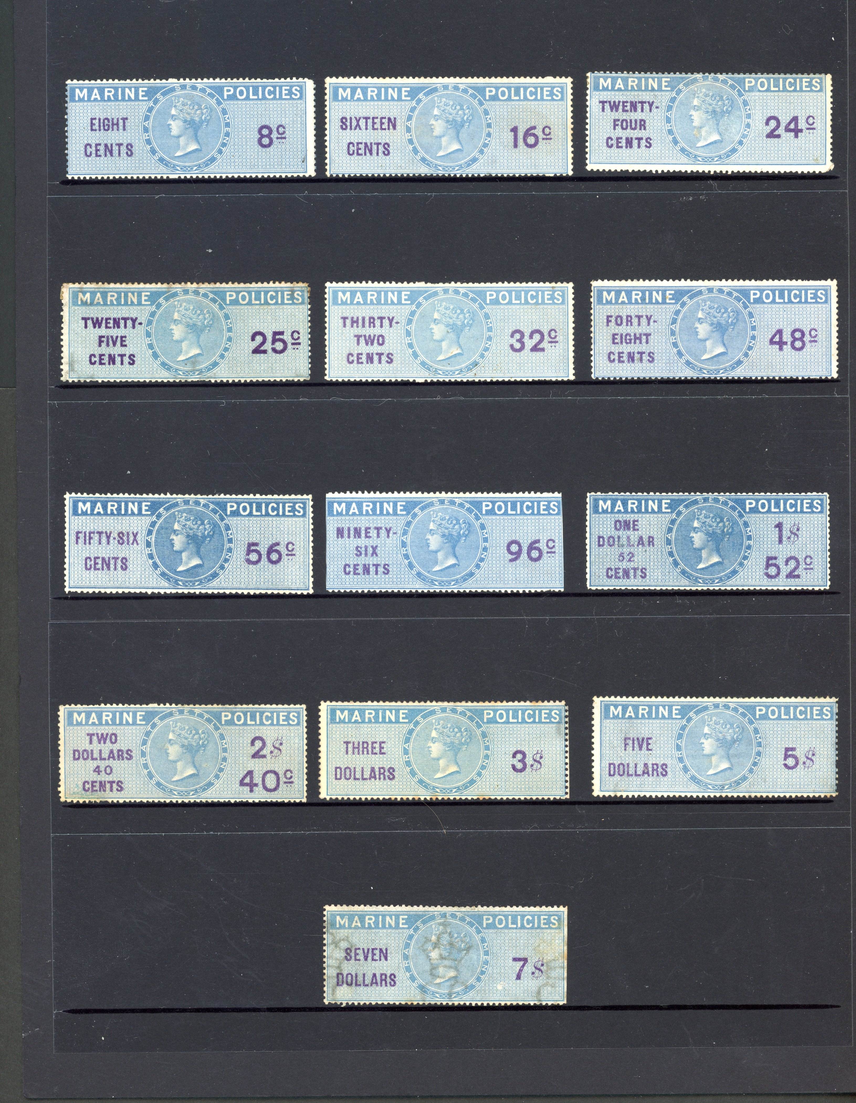 Straits Marine Policies 1867-72 values mint or unused