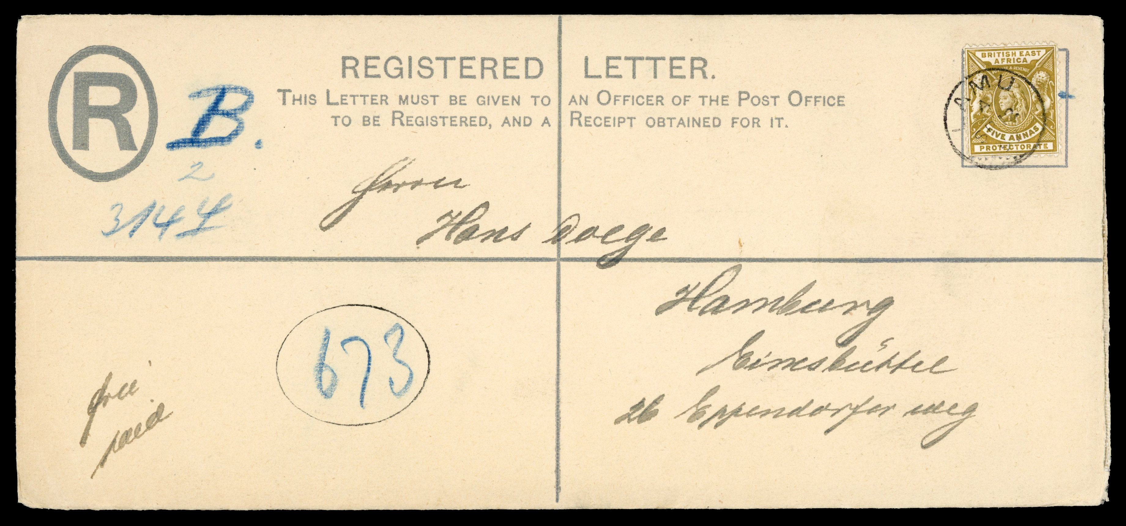British East Africa: 1896 2a brown registered envelope (size H2) to Germany uprated. ADDED TO R2000147/2 