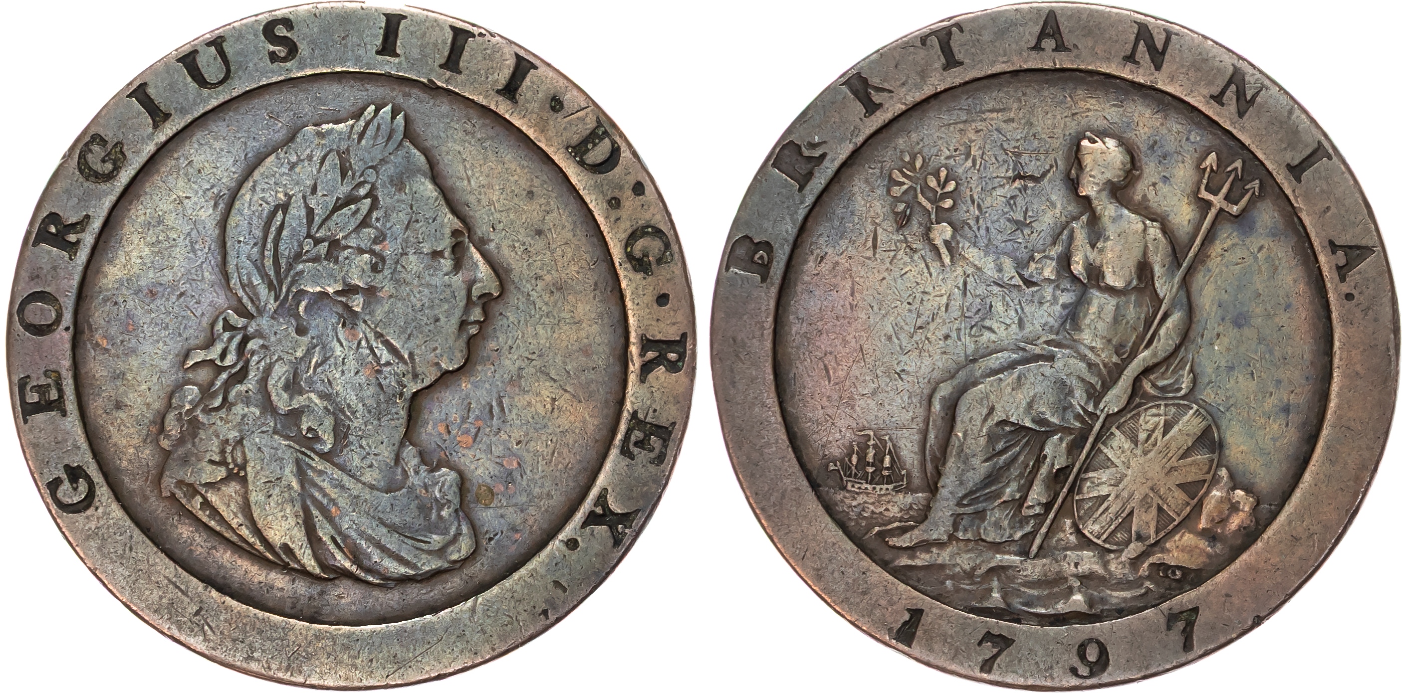 Love token, George III AE cartwheel penny 1797.