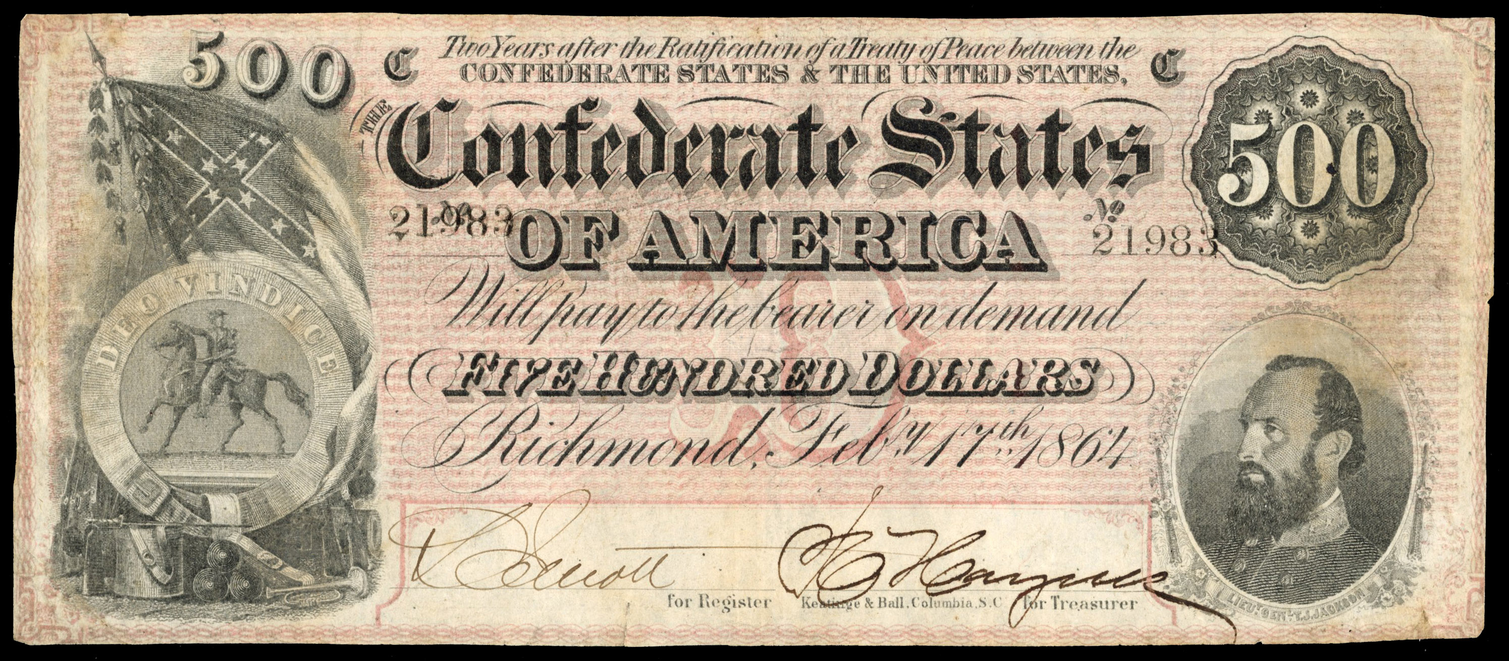 USA, Confederate States of America, Uniface Five Hundred Dollars, Richmond 17 Feb. 1864, No. 21983. (T64). Abo…