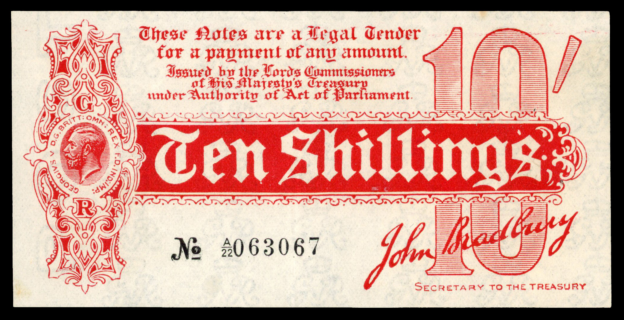 Treasury, J. Bradbury, Ten Shillings, August 1914, A/22 063067.