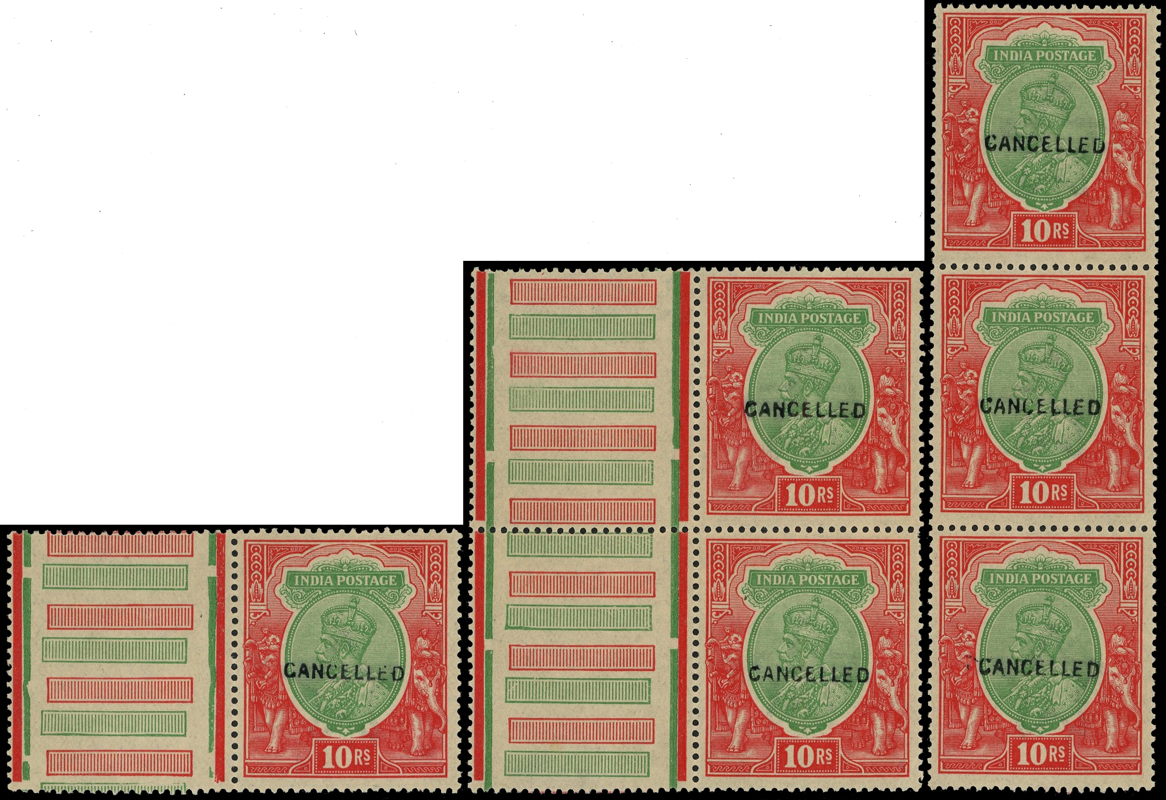 India SG 189var 10r single, vertical pair and vertical strip of three optd cancelled