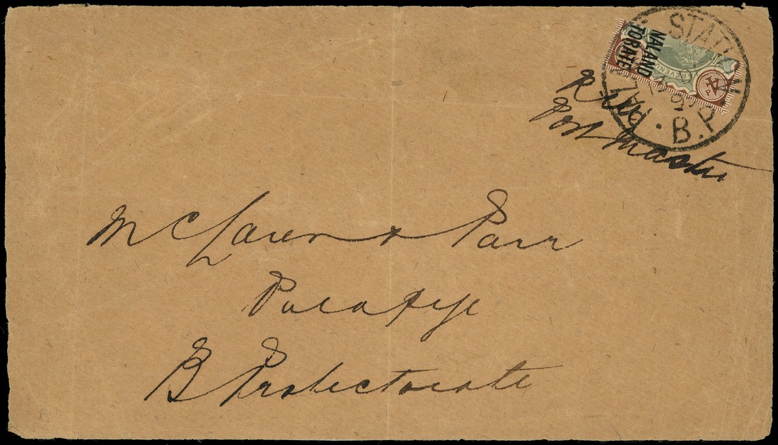 1899 front to Palapye franked with right half of 4d green and purple-brown, tied by Palapye Station CDS of 13 DE 99 and...