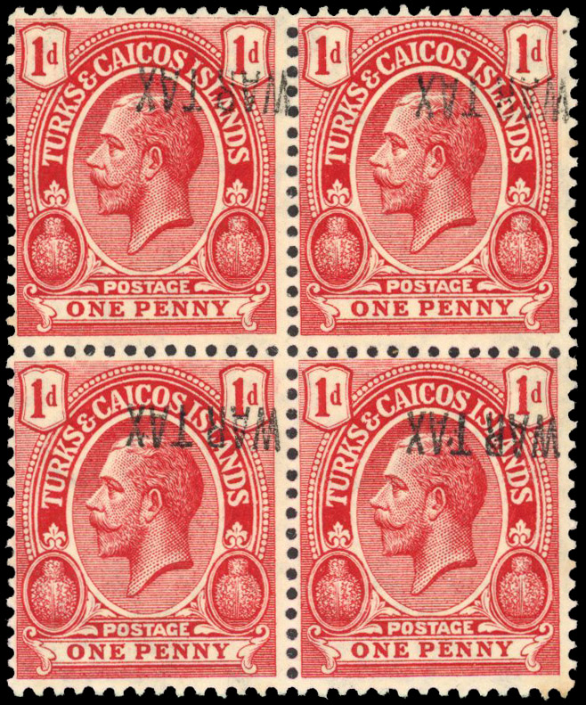 Turks and Caicos 1917 War Tax 1d error overprint inverted
