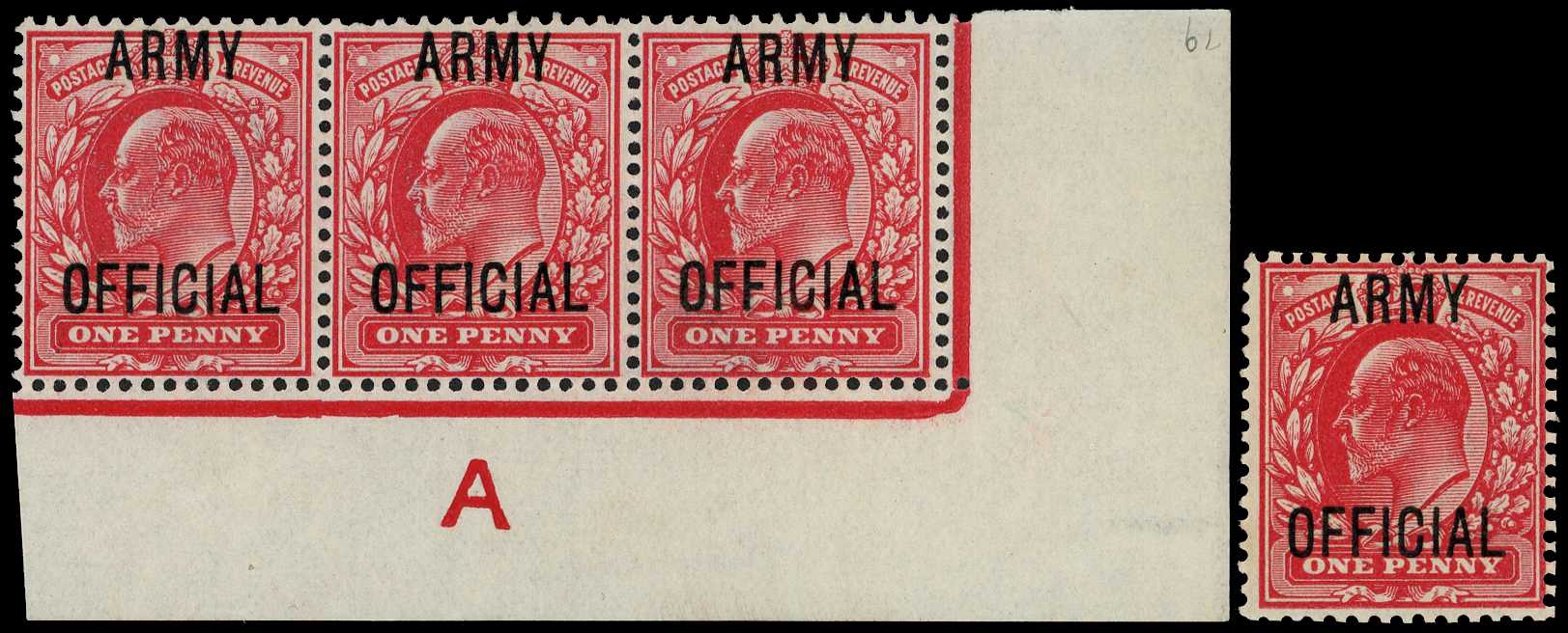 Army Official. 1902 1d scarlet corner strip...