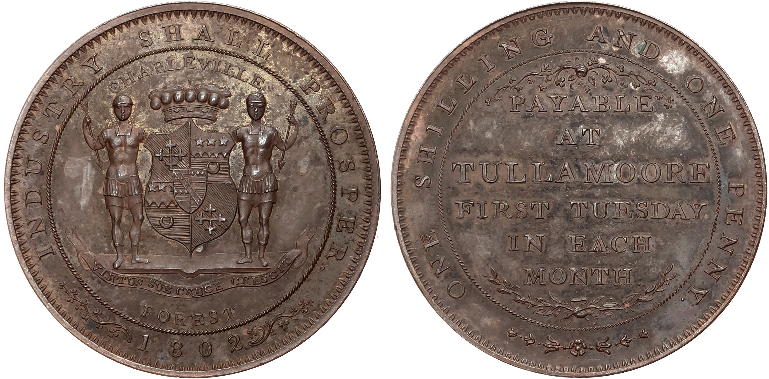 Kings Co. Tullamoore, Charles Bury, viscount Charleville (estate owner) Thirteen Pence 1802, Arms and supporters of Char …
