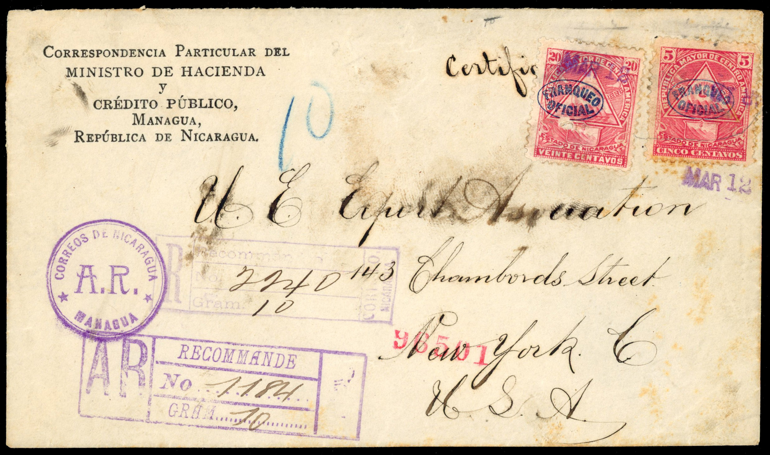 Nicaragua 1899 Registered envelope to New York franked by officials