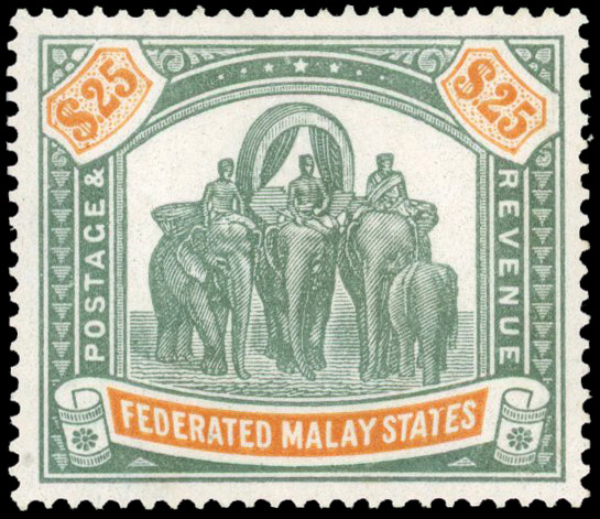 Federated Malay States 1922-34 $25 green and orange Script watermark