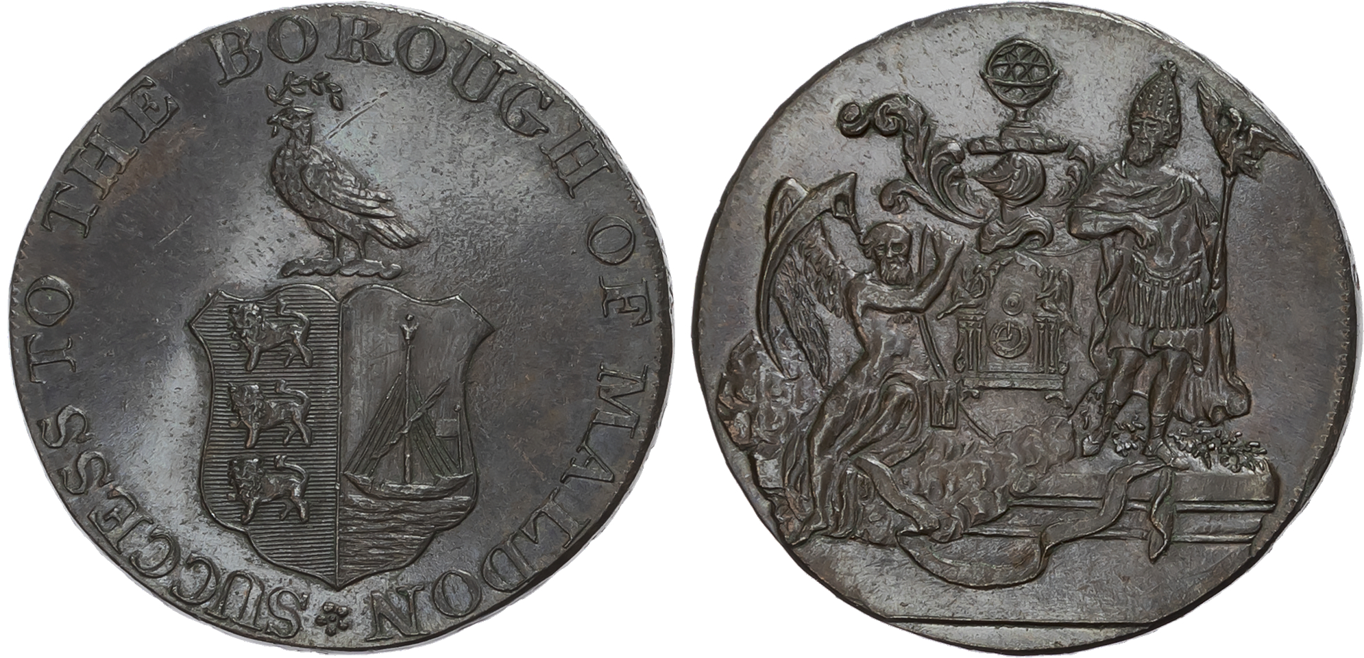 Essex, Maldon , William Draper (Watchmaker) Halfpenny, Town arms, rev. arms of the Clock Makers’ Company, edge PAYABLE A …