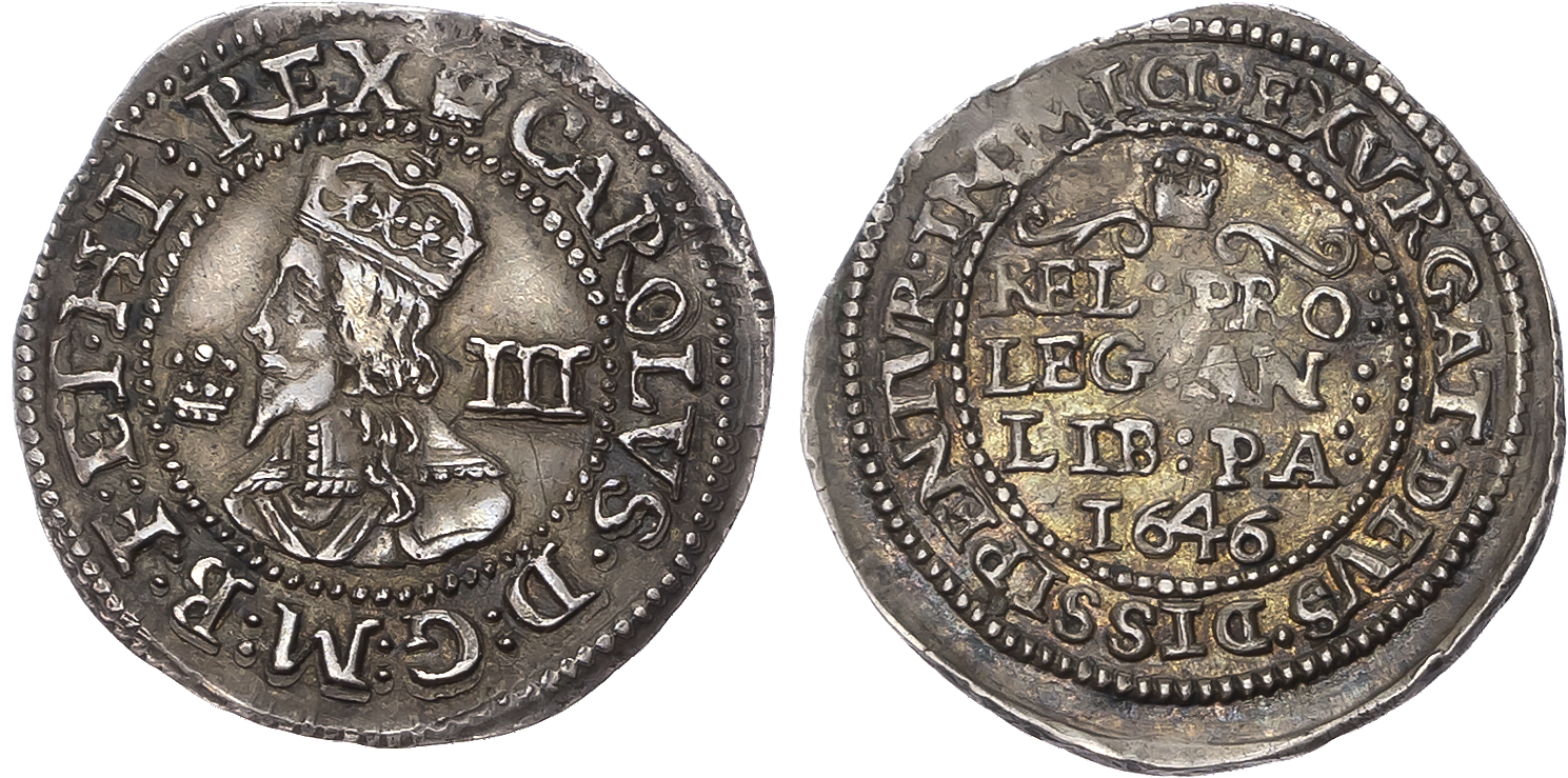 Charles I (1625-1649), Civil War Issues, AR Threepence 1646, Declaration type. Bridgnorth-on-Severn mint (previously Lun…