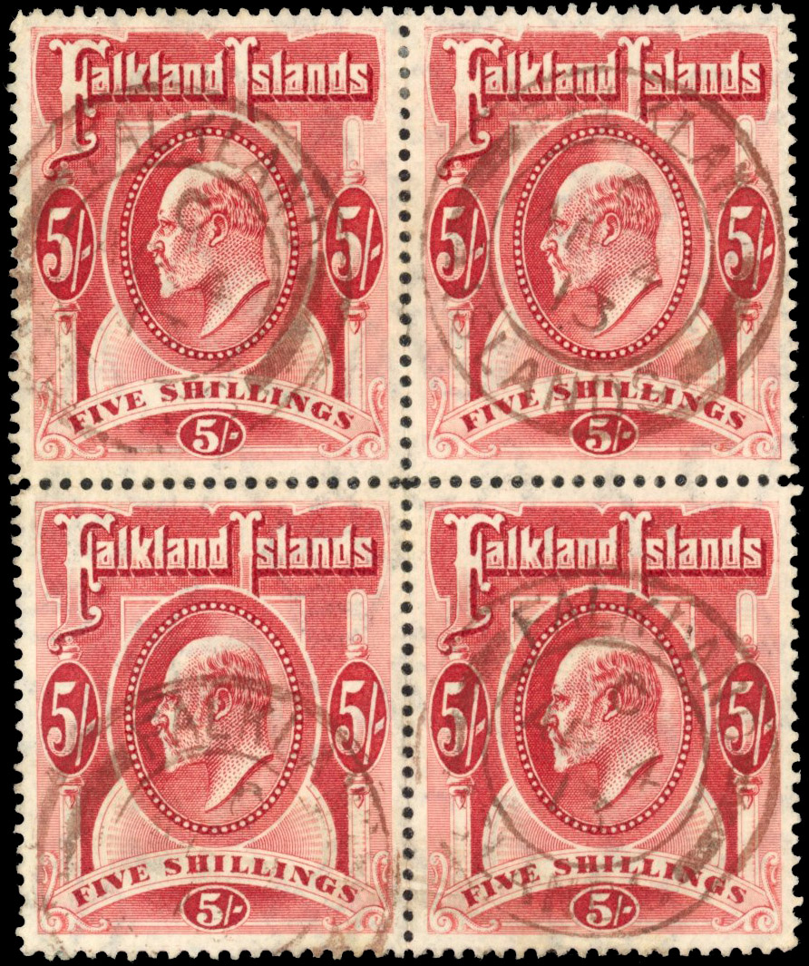 † Falkland Islands SG 50 1904-12 5s red, used block of four