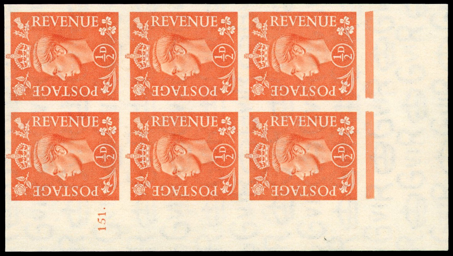 Great Britain 1950 ½d Pale Orange, Block of Six, BPMA Imprimatur, SG 503