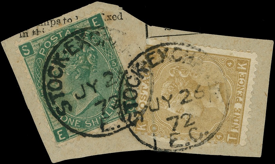 1872 1s green plate 5 'Stock Exchange Forgery' with impossible lettering...