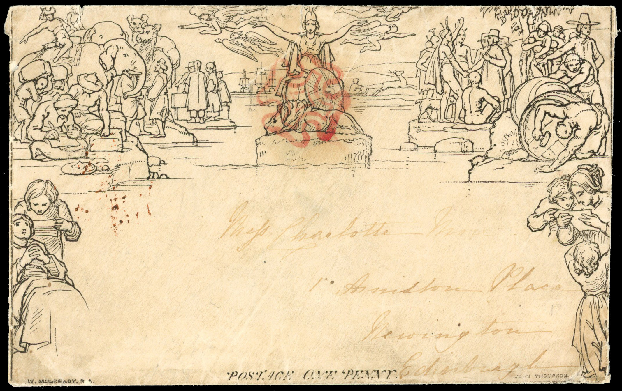 1840 1d Mulready Envelope Stereo A178, Forme 4. Aberdeen Ruby MC