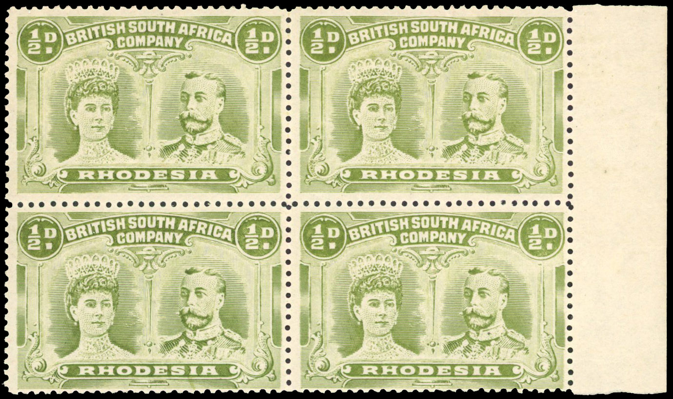 Rhodesia 1910-13 ½d olive-green perf 14 block of 4