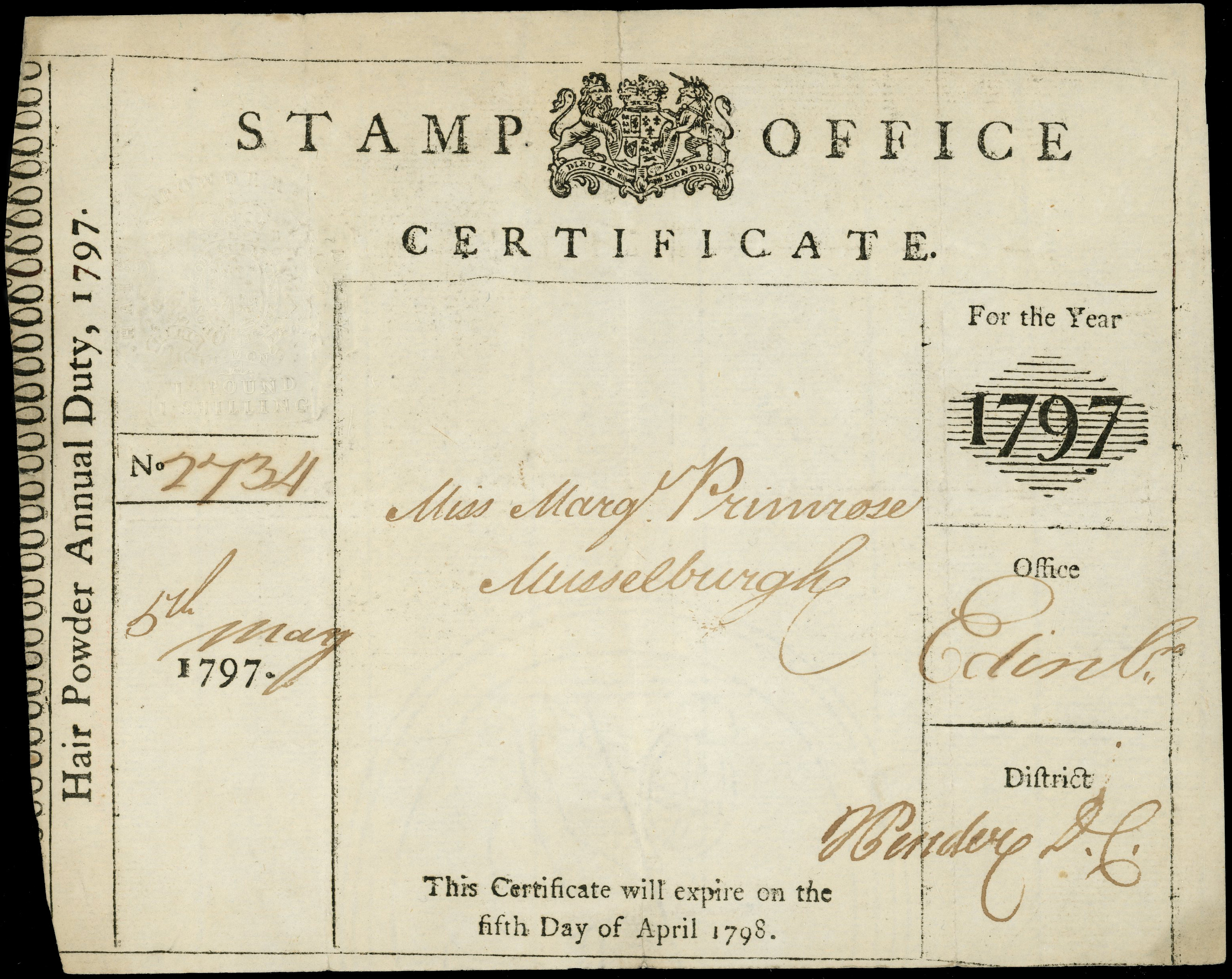 Hair powder Duty 1797 Annual licence