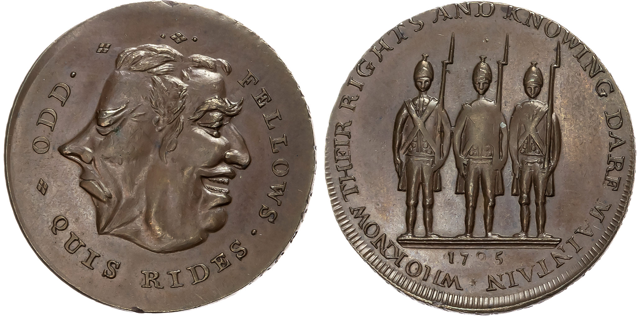 London, Holborn, Thomas Spence Halfpenny 1795, Heads of Pitt frowning and Fox laughing, conjoined rev. Three fusiliers s …