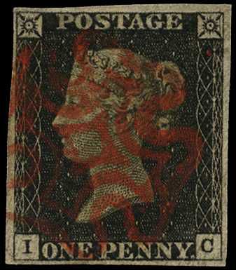 1840 1d black Plate 2 (IC), four clear to...