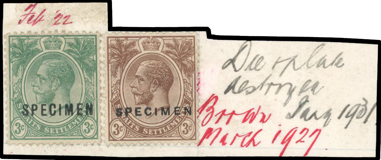 Straits Settlements 1927 3c brown prepared for use but not issued