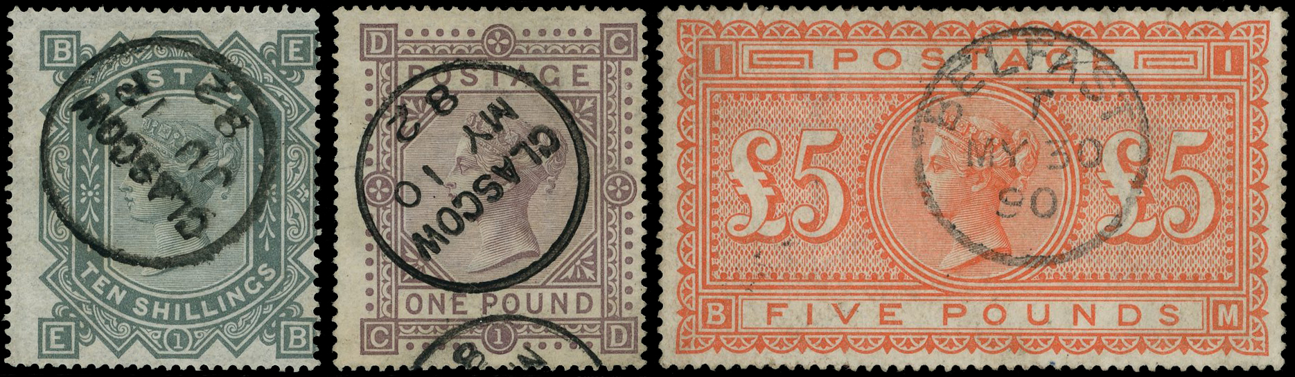 1867-83 Wmk Maltese Cross, 10s greenish grey (horizontal pressed crease), £1 brown-lilac, both cancelled