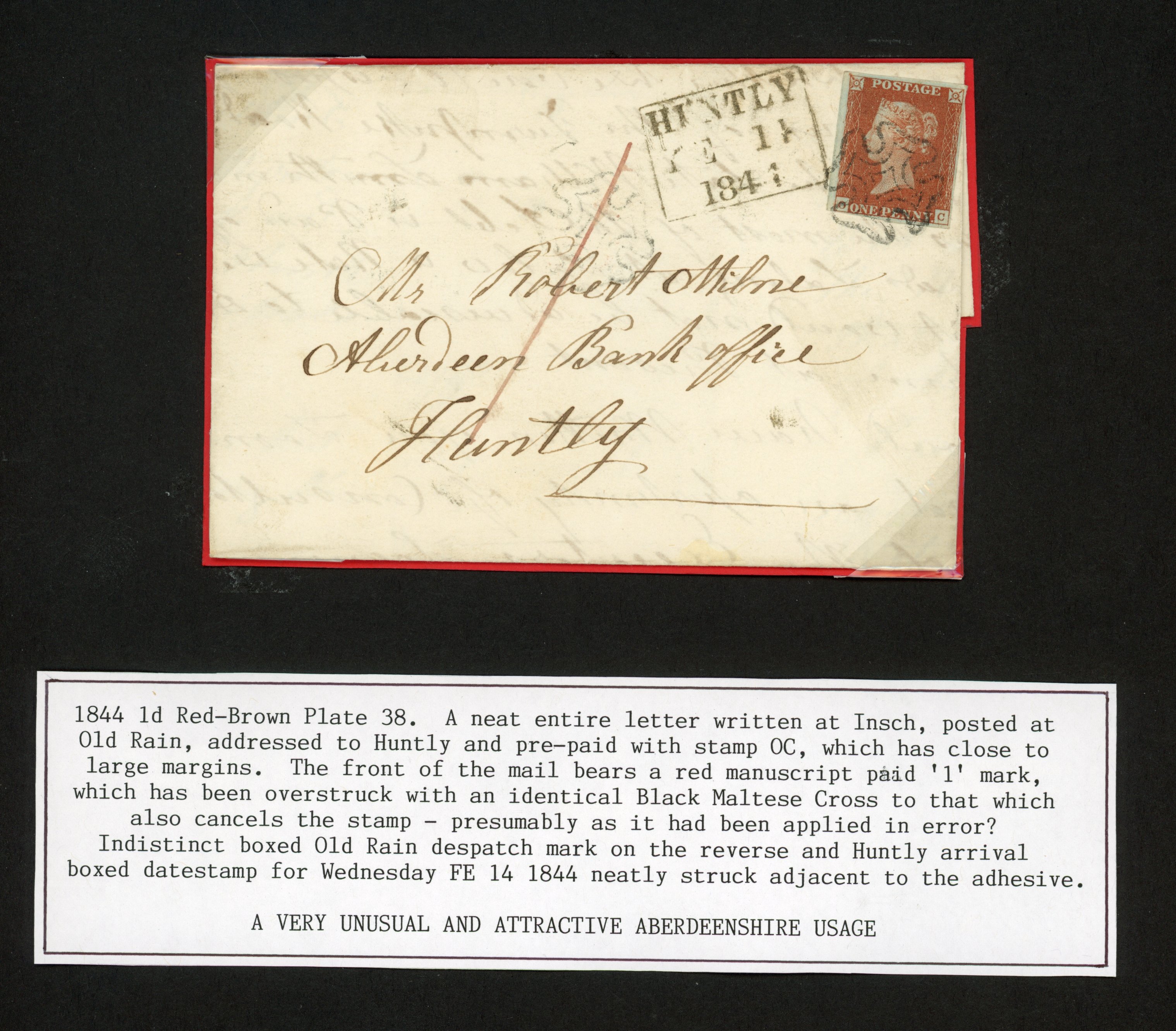 GB 1841 1d red-brown, Plate 38 (OC), close to good margins, on cover from Insch tied by black Maltese Cross