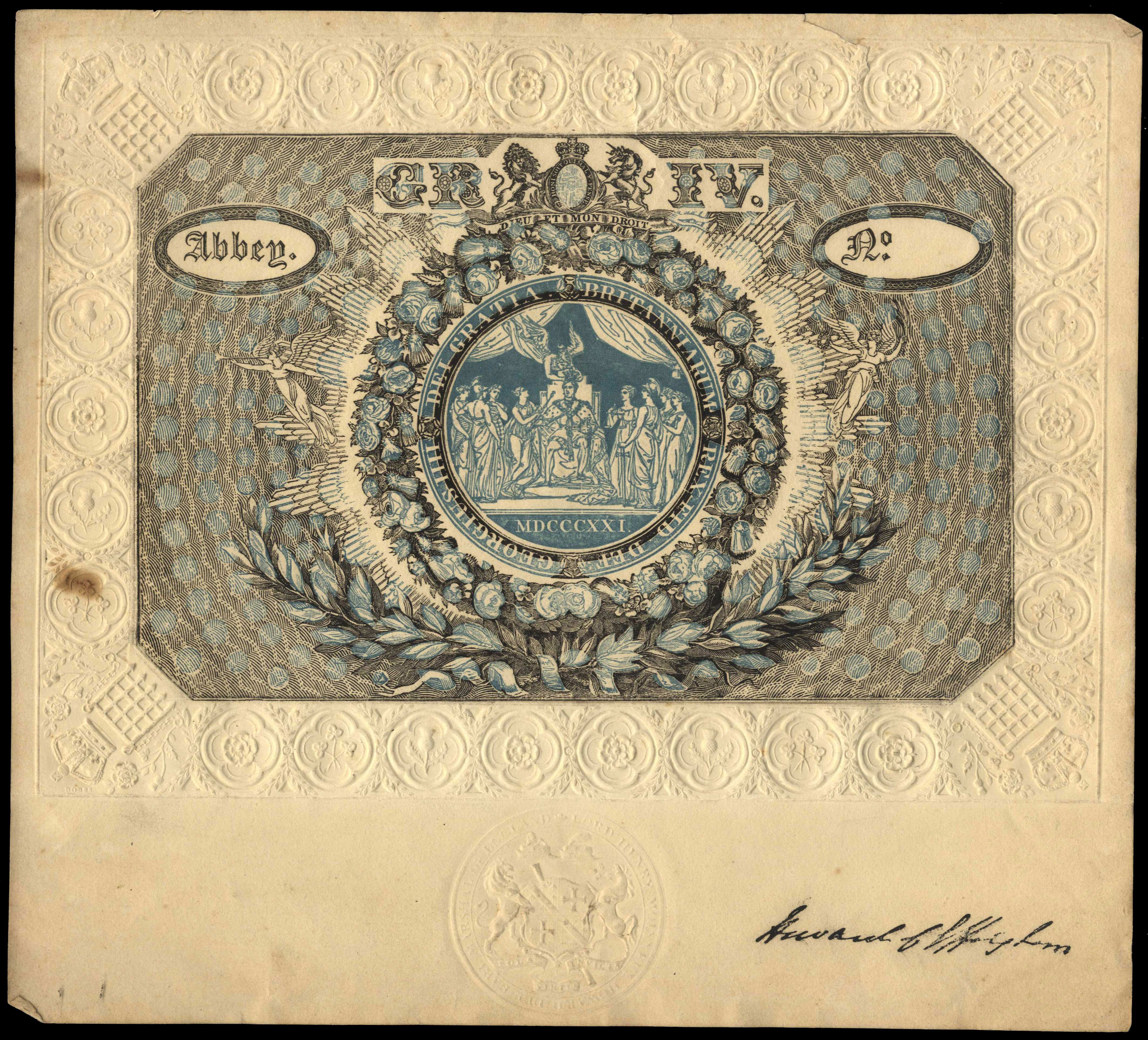 Ephemera. King George IV Coronation Ticket printed for admission to Westminster Abbey, 19 July 1821
