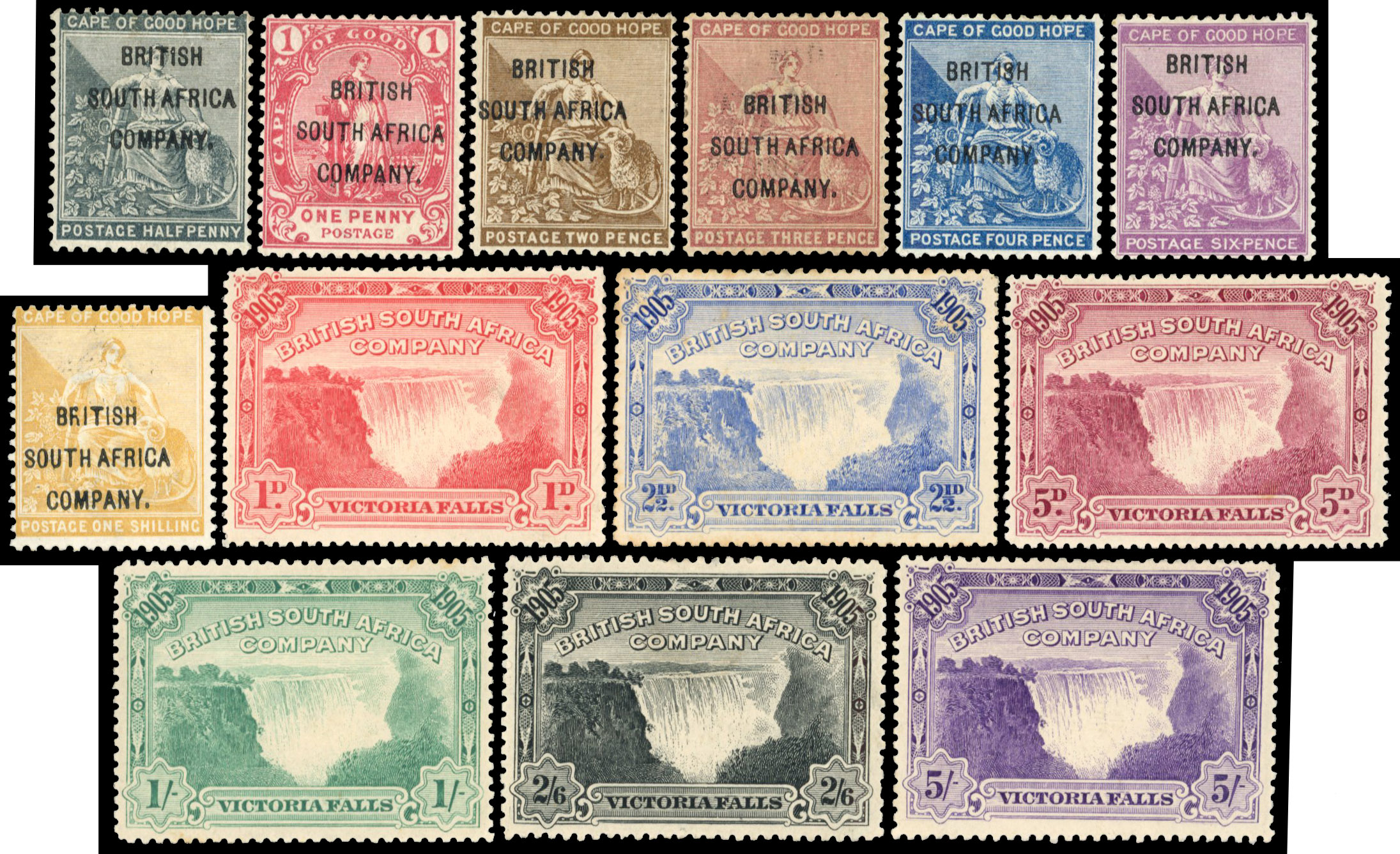 1896 (22 May-Aug) stamps of Cape of Good Hope overprinted ‘BRITISH/SOUTH AFRICA/COMPANY’ set to 1s