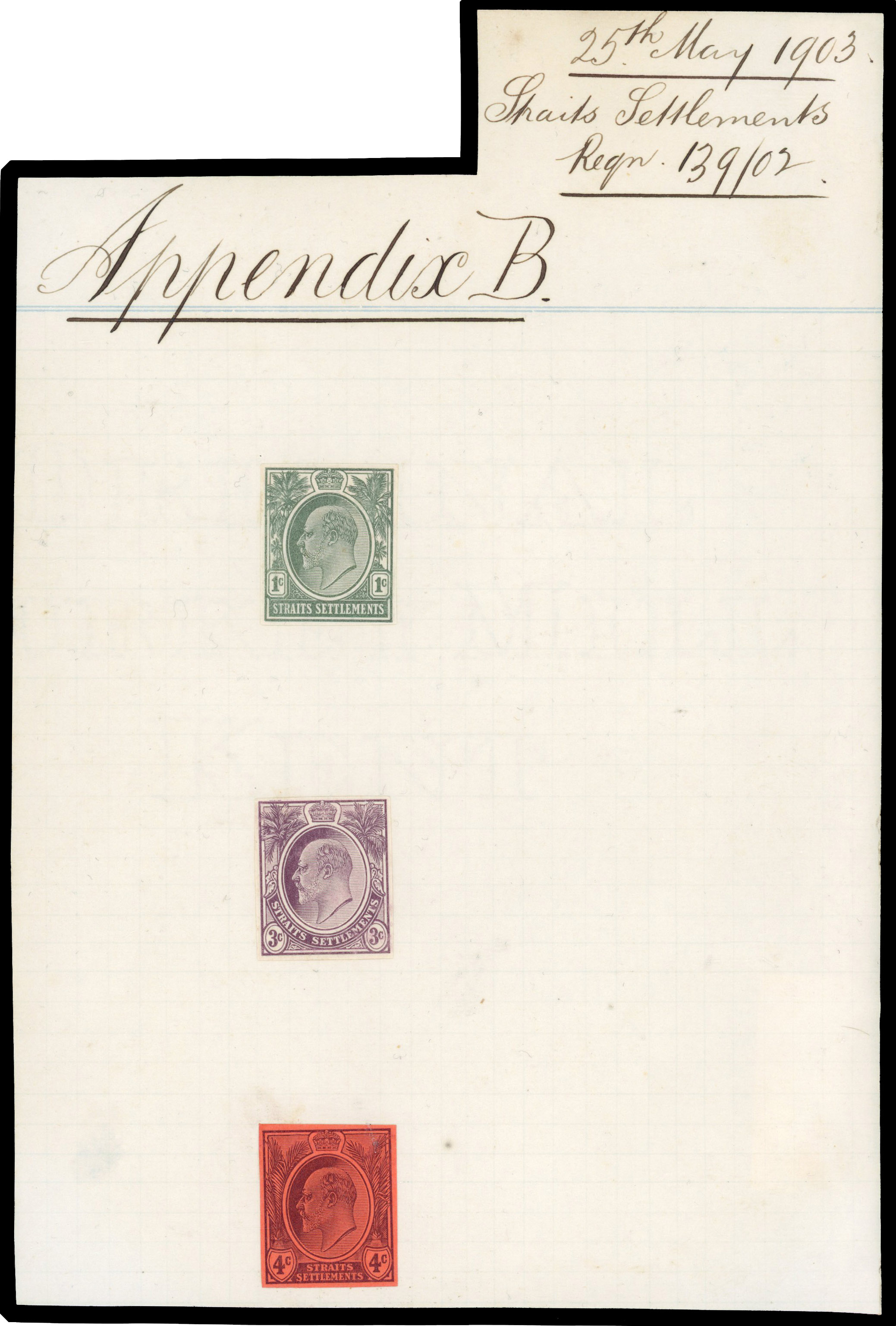 Straits Settlements 1903 appendix sheet with 1903-04 1c, 3c, 4c imperf colour trials