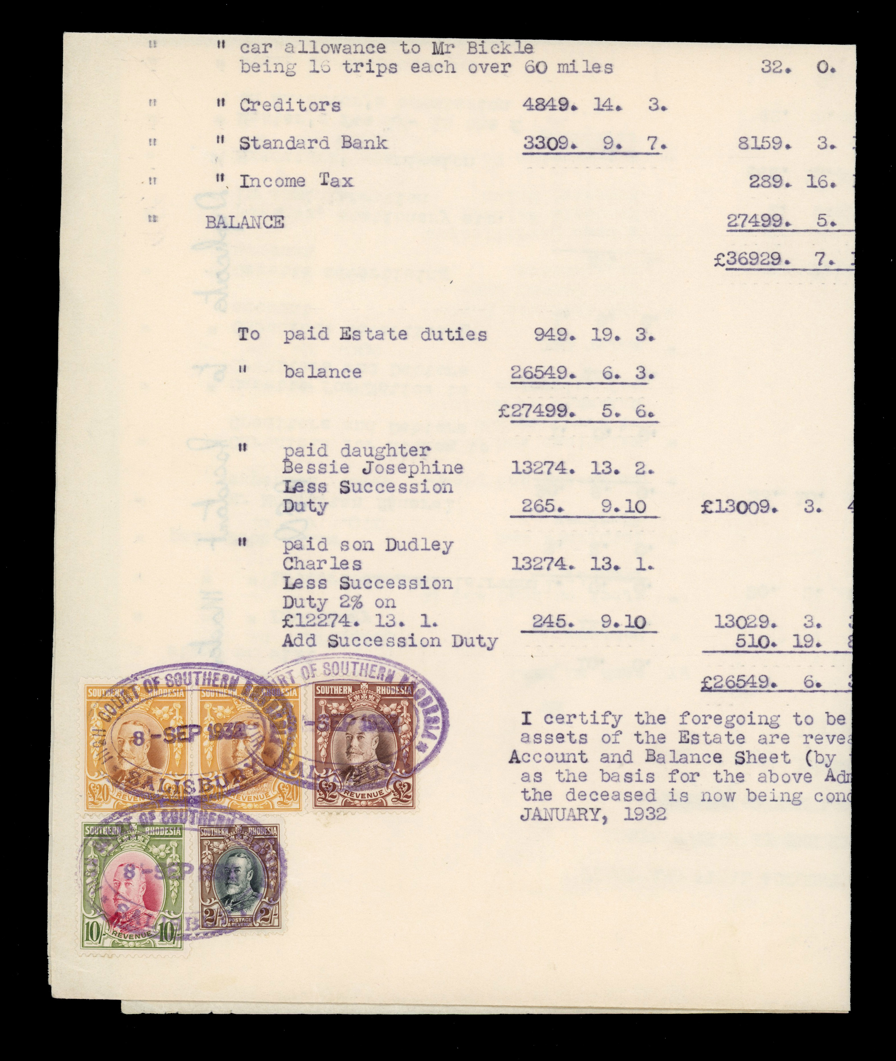 Rhodesia Revenue 1932 document with £20 pair used