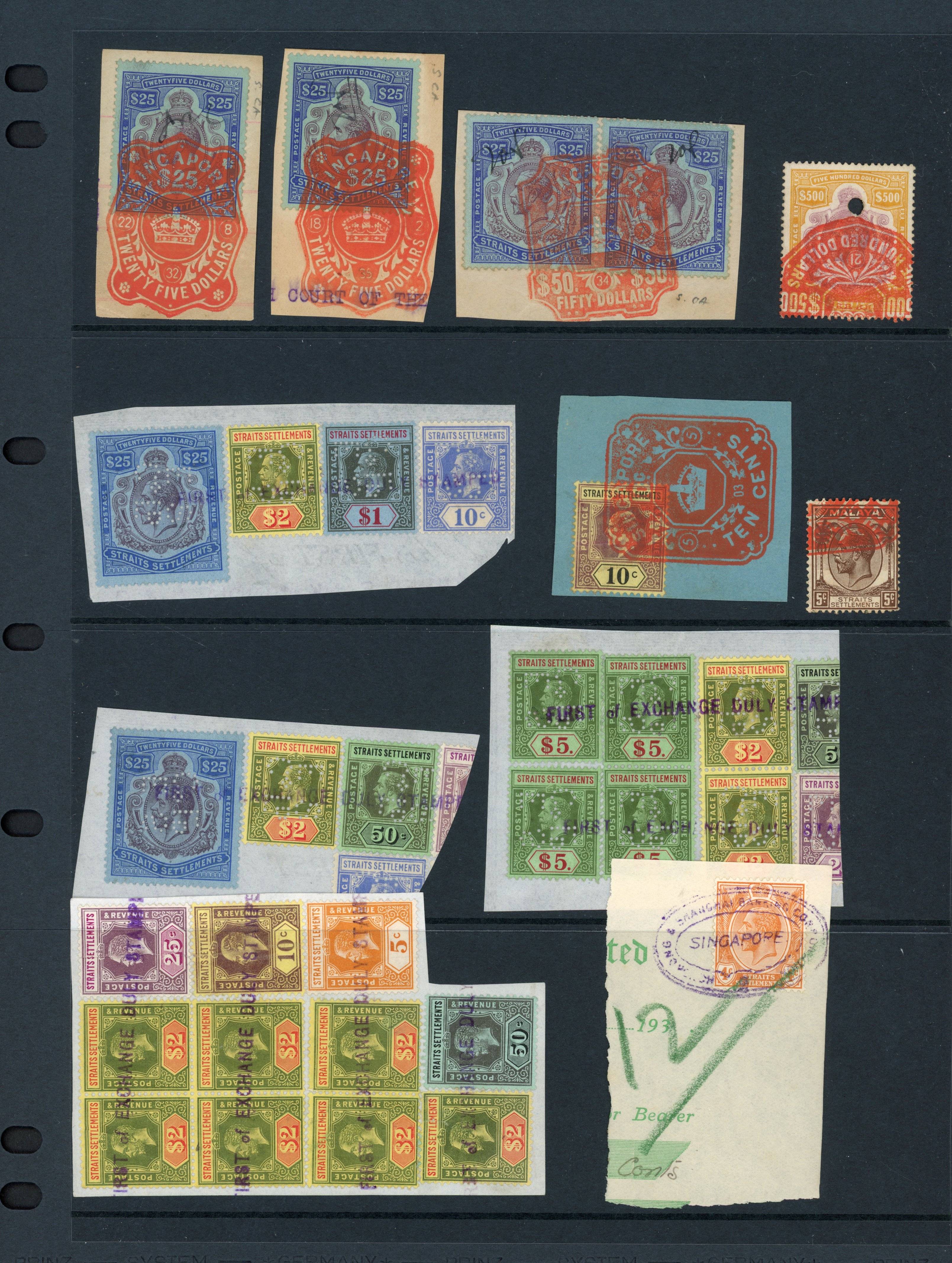 Straits Revenues KGV Postage & Revenue stamps used for Revenue purposes